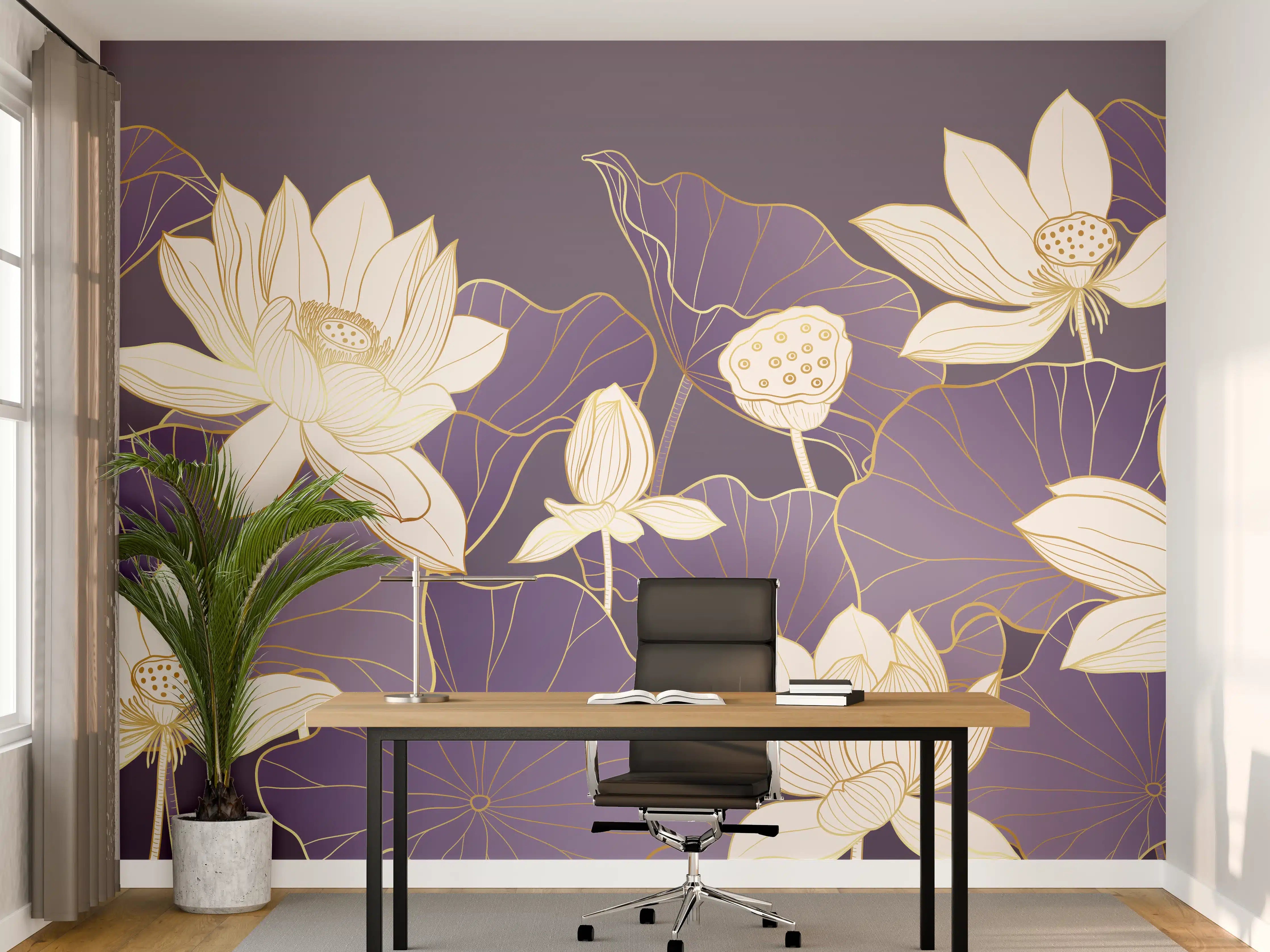 Büro Wandgestaltung - Elegante Lotus-Blumen auf dunklem lila Hintergrund