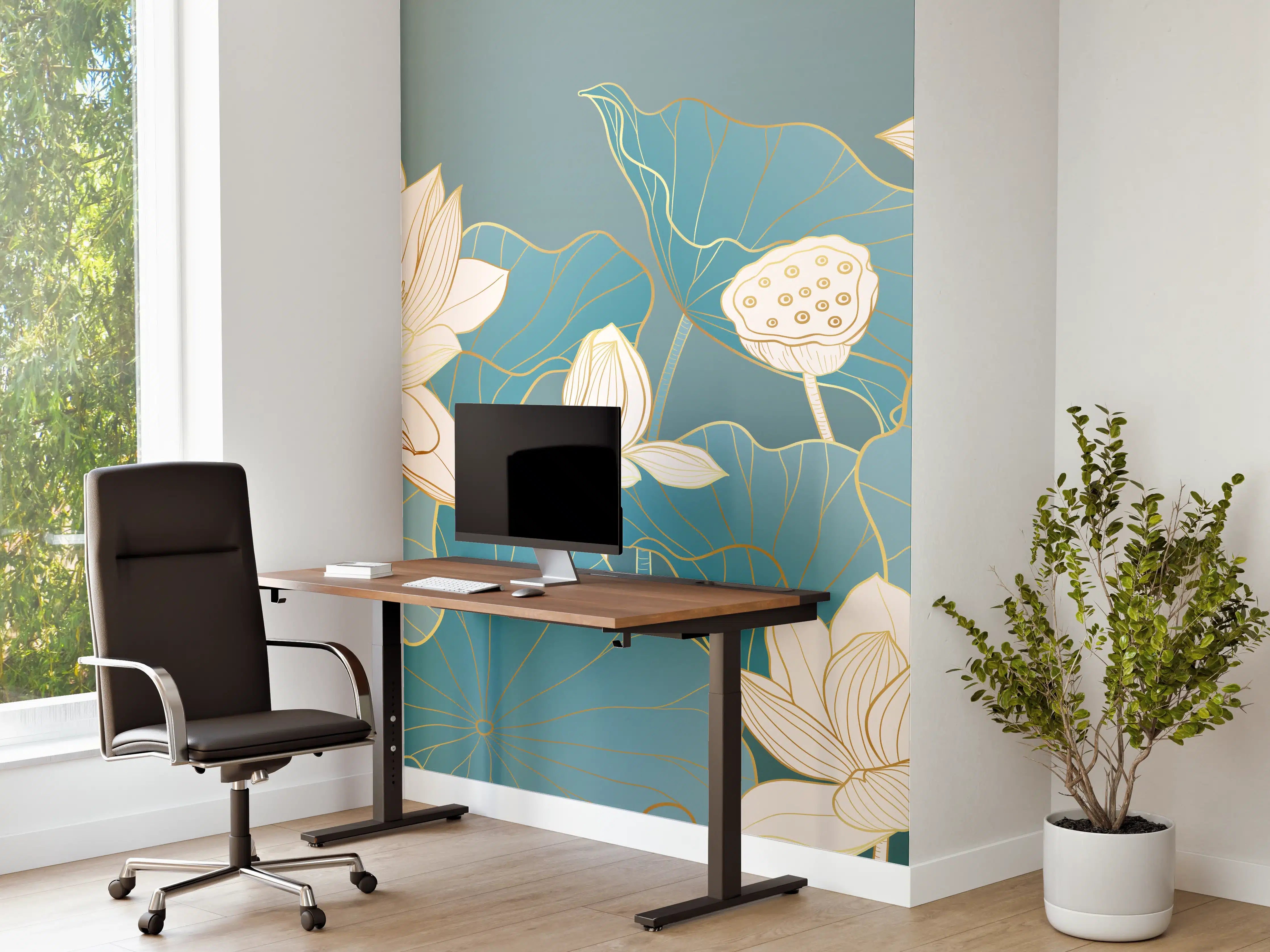 Büro Wandgestaltung - Elegante Lotusblumen auf Blau- und Beige-Tönen