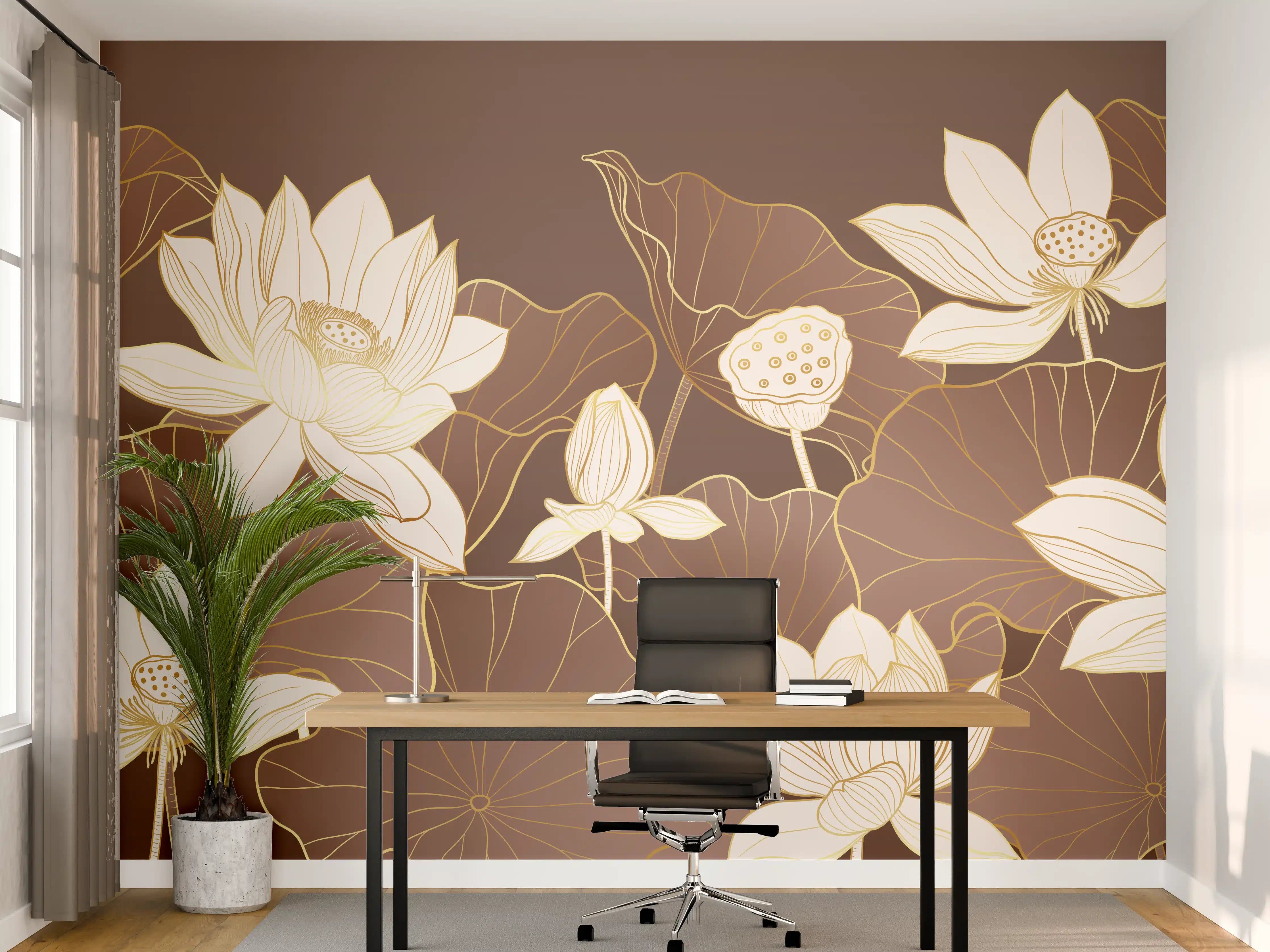 Büro Wandgestaltung - Elegante Lotusblumen auf Braun-Ton Hintergrund