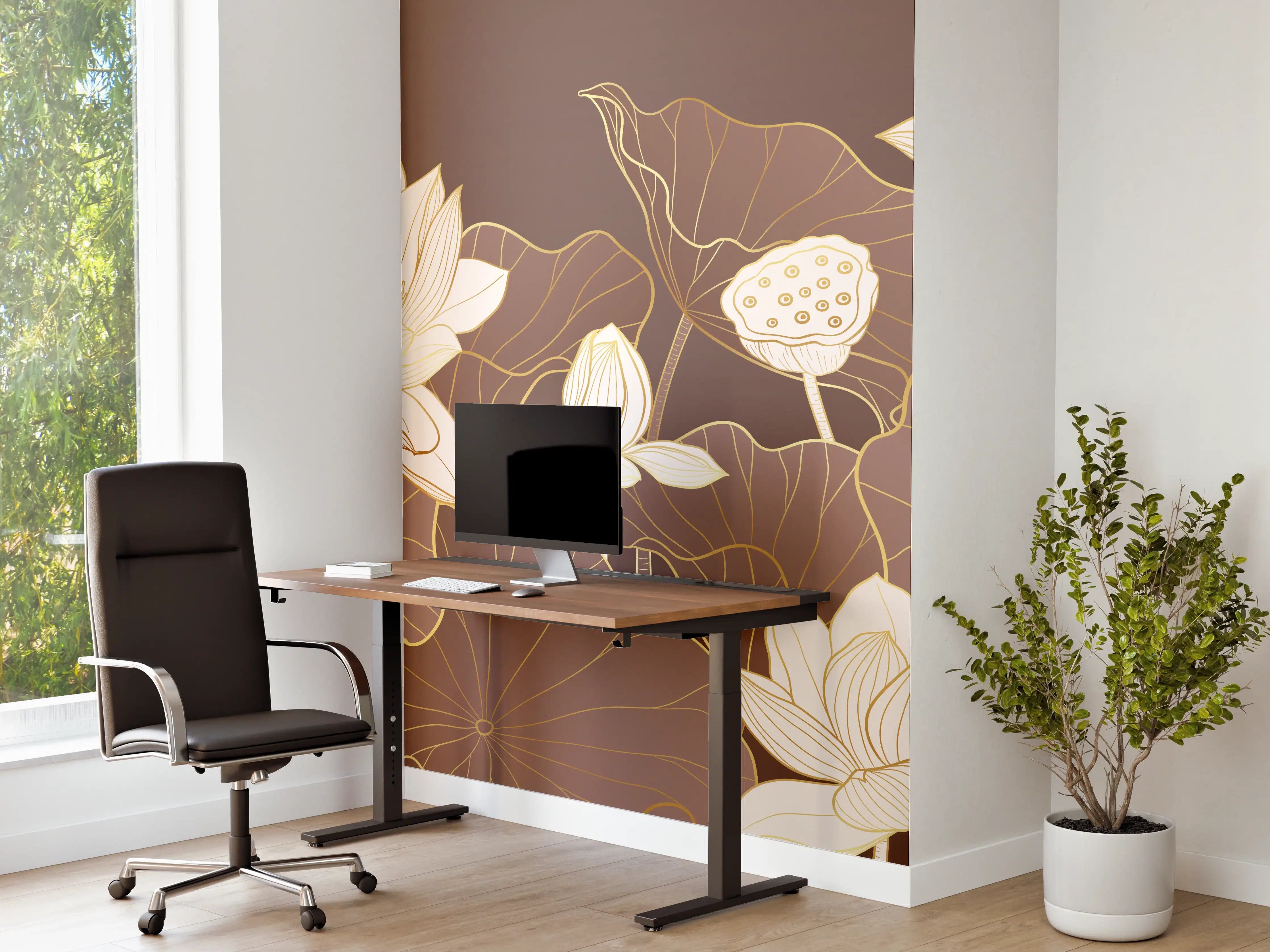 Büro Wandgestaltung - Elegante Lotusblumen auf Braun-Ton Hintergrund
