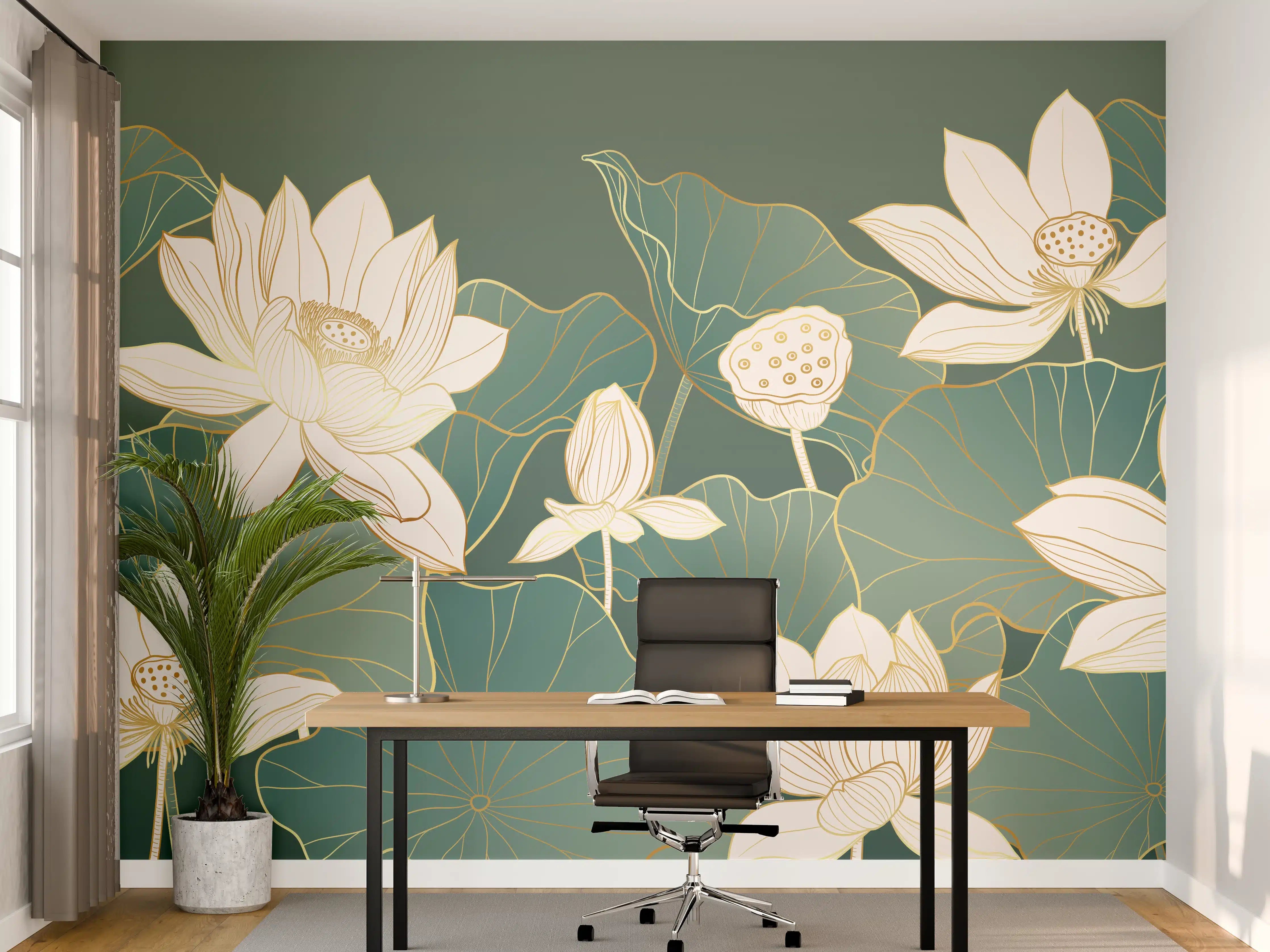 Büro Wandgestaltung - Elegante Lotusblumen auf grünem Hintergrund