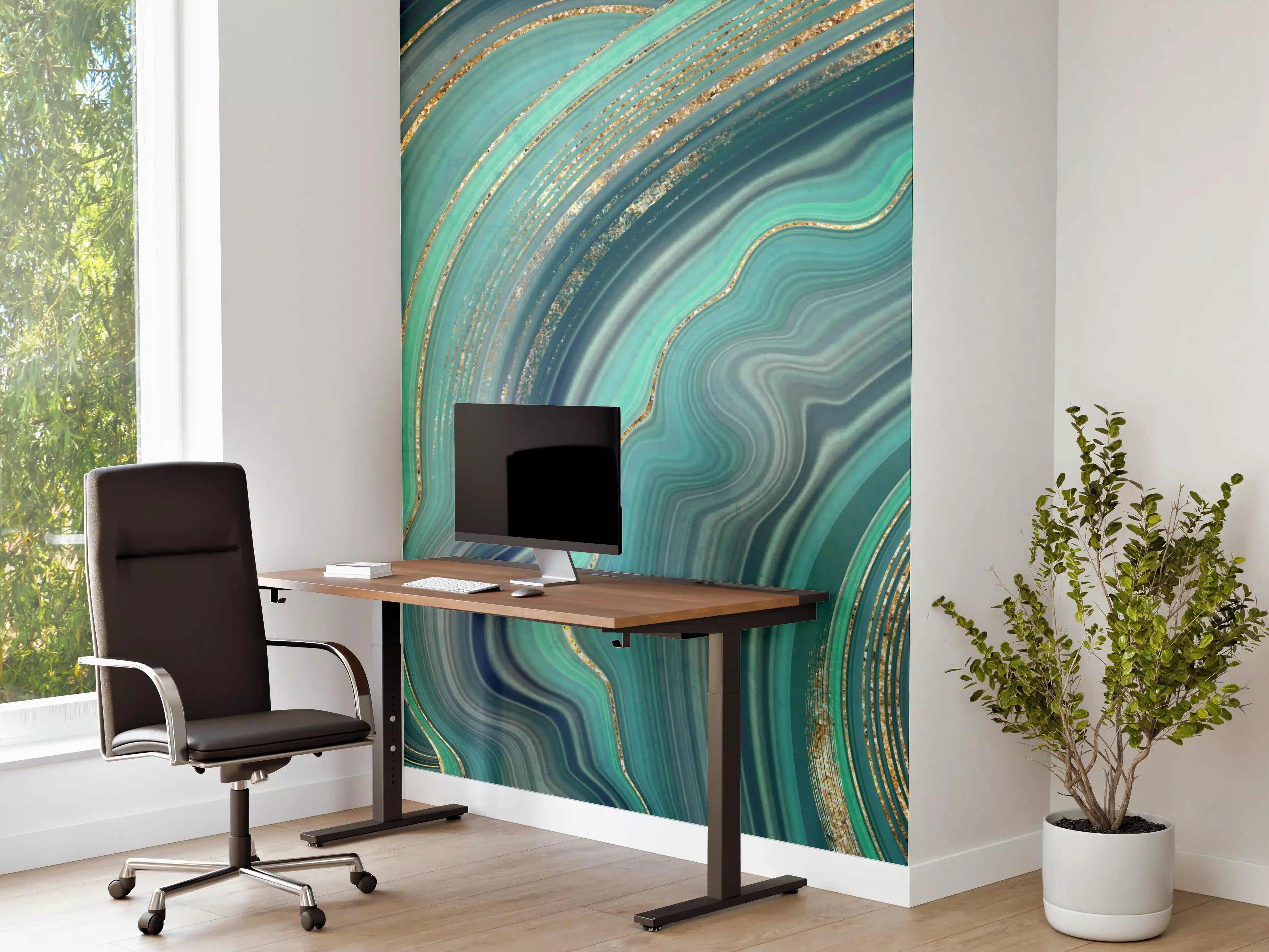 Büro Wandgestaltung - Elegante Türkis- und Gold-Design mit Marmoreffekt