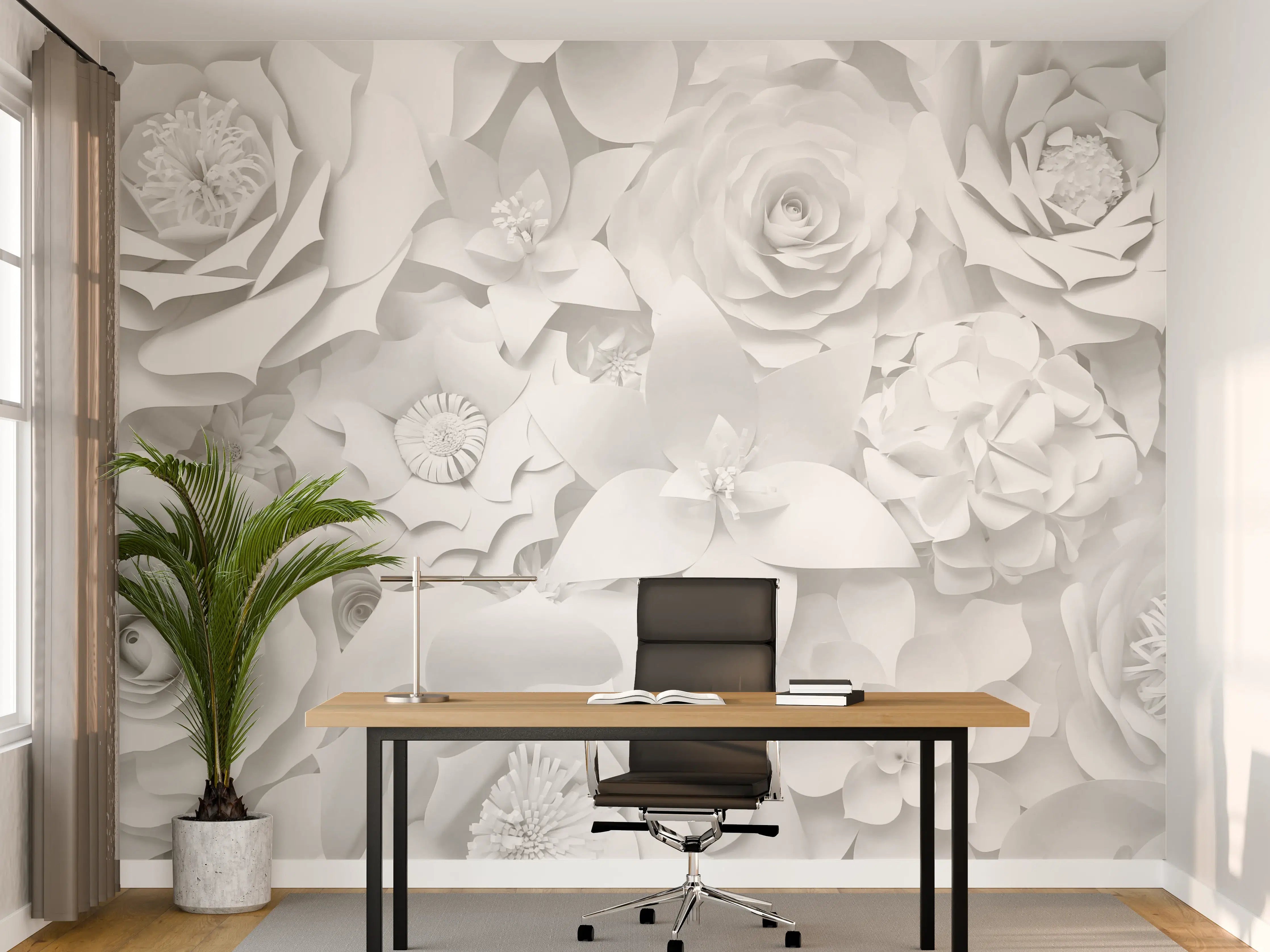 Büro Wandgestaltung - Elegante weiße Blüten in 3D-Optik