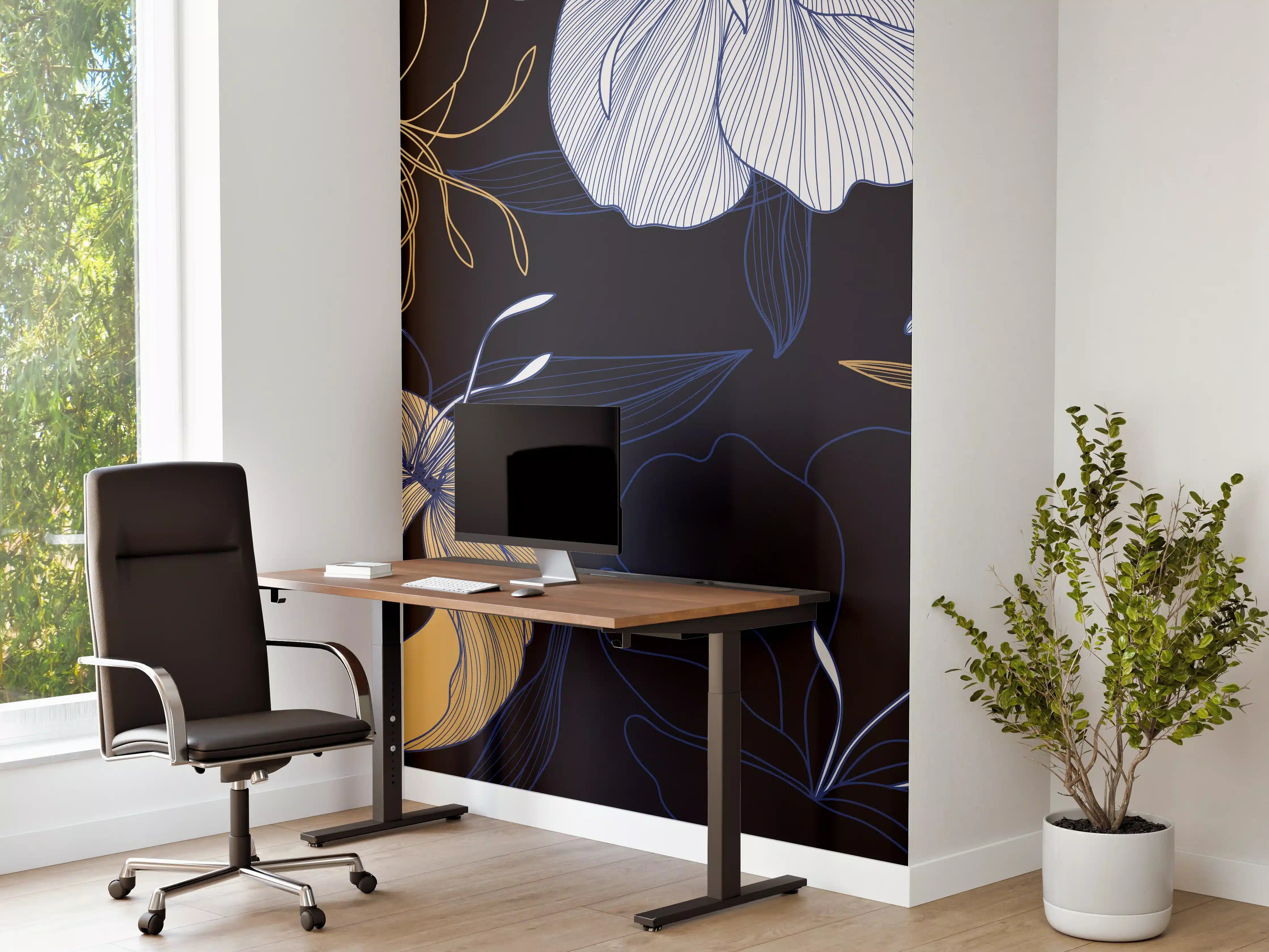 Büro Wandgestaltung - Elegantes Blumen-Muster Dunkelblau