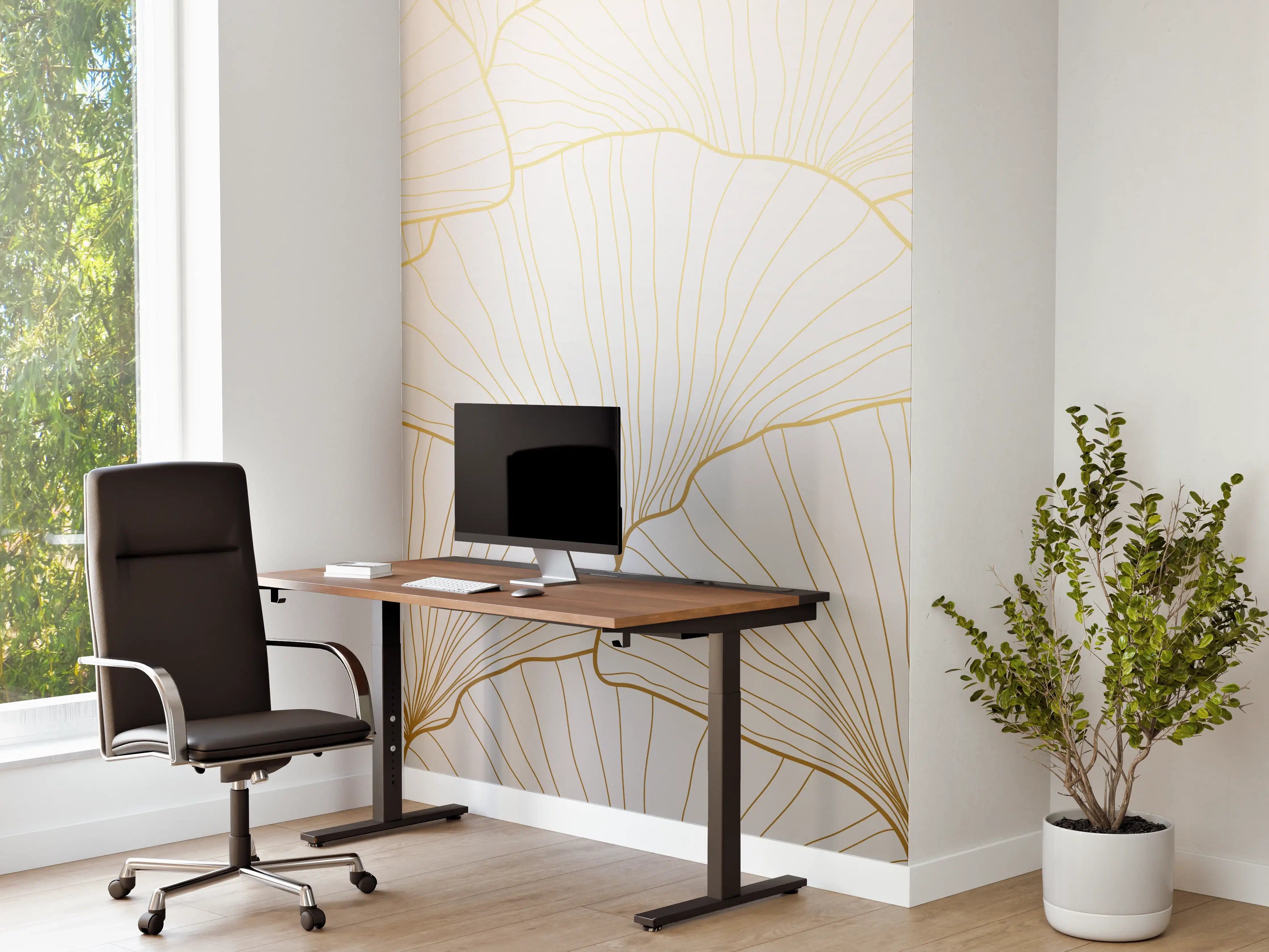 Büro Wandgestaltung - Elegantes Ginkgo-Blatt Design Weiß-Gold