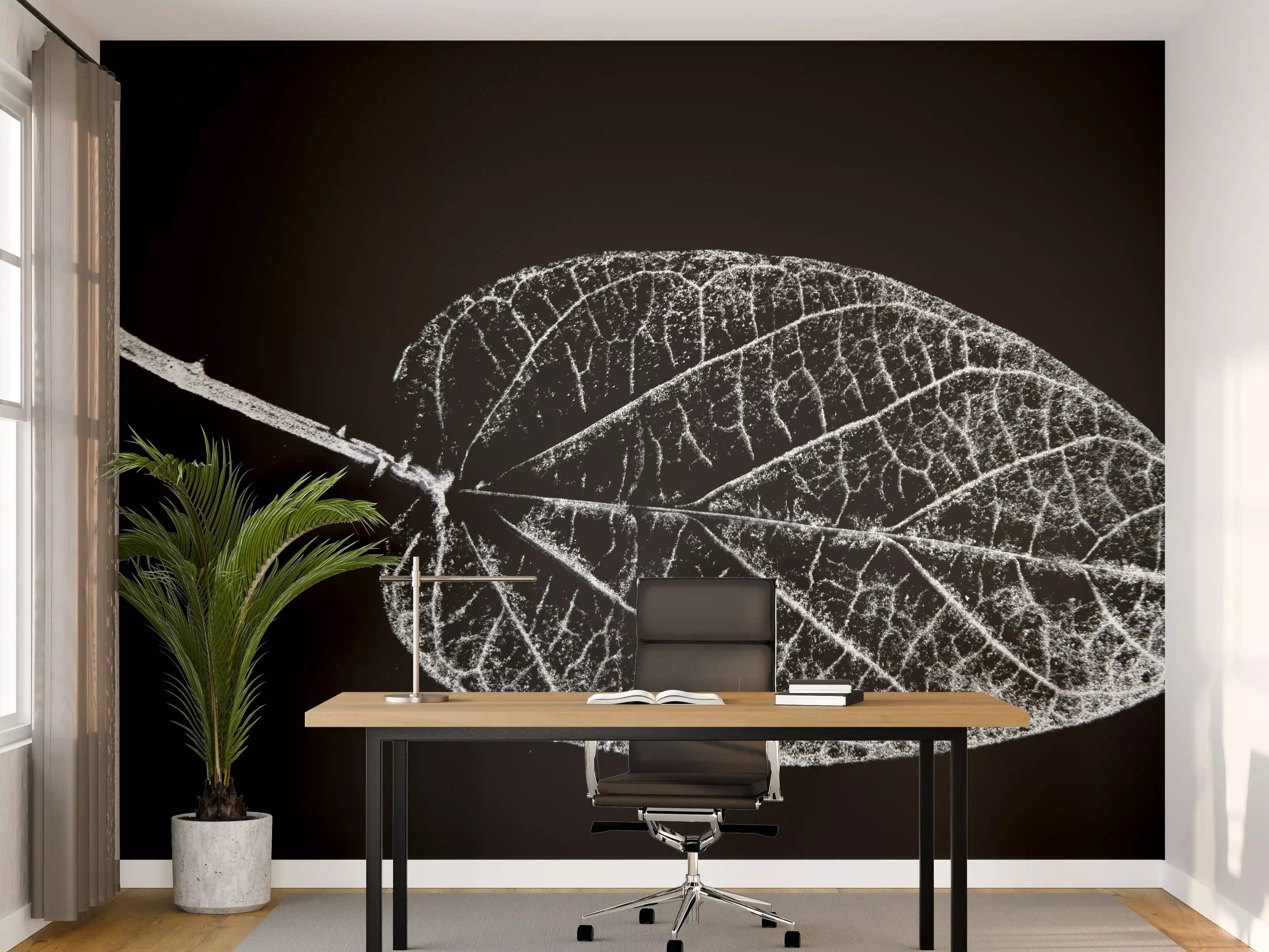 Büro Wandgestaltung - Elegantes Schwarz-Weiß Laubblatt