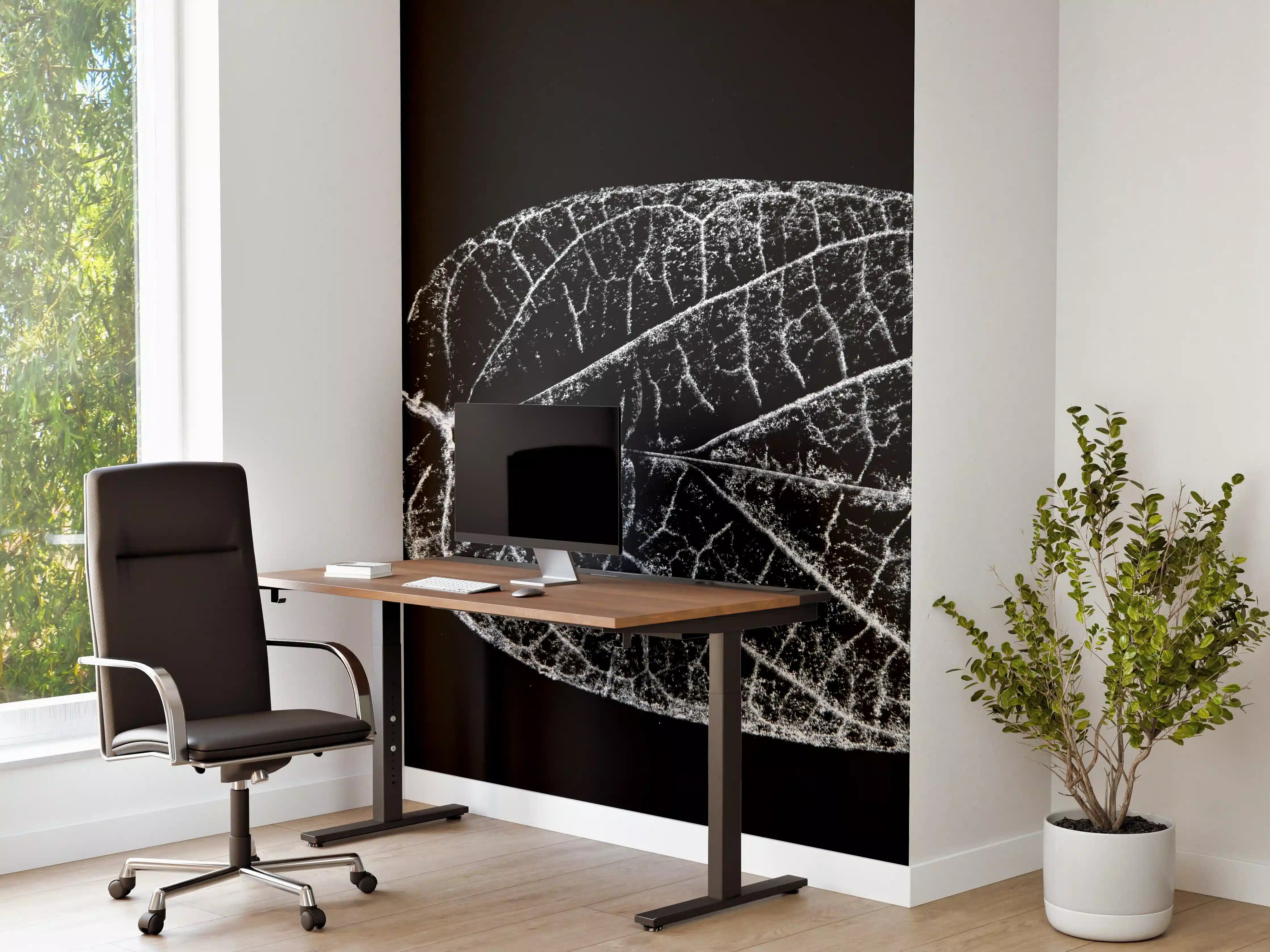 Büro Wandgestaltung - Elegantes Schwarz-Weiß Laubblatt