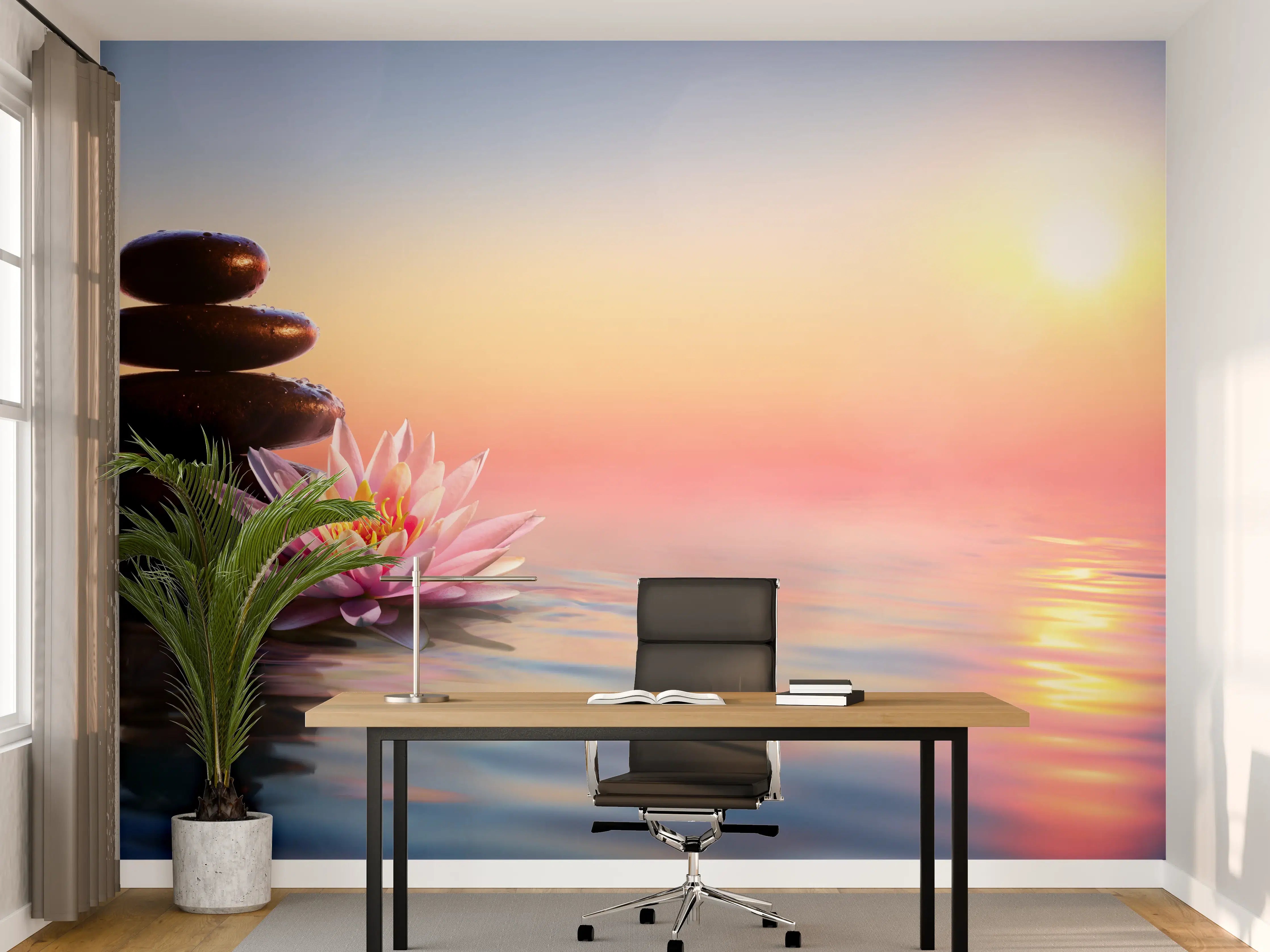 Büro Wandgestaltung - Entspannende Zen-Steine am Wasser bei Sonnenuntergang