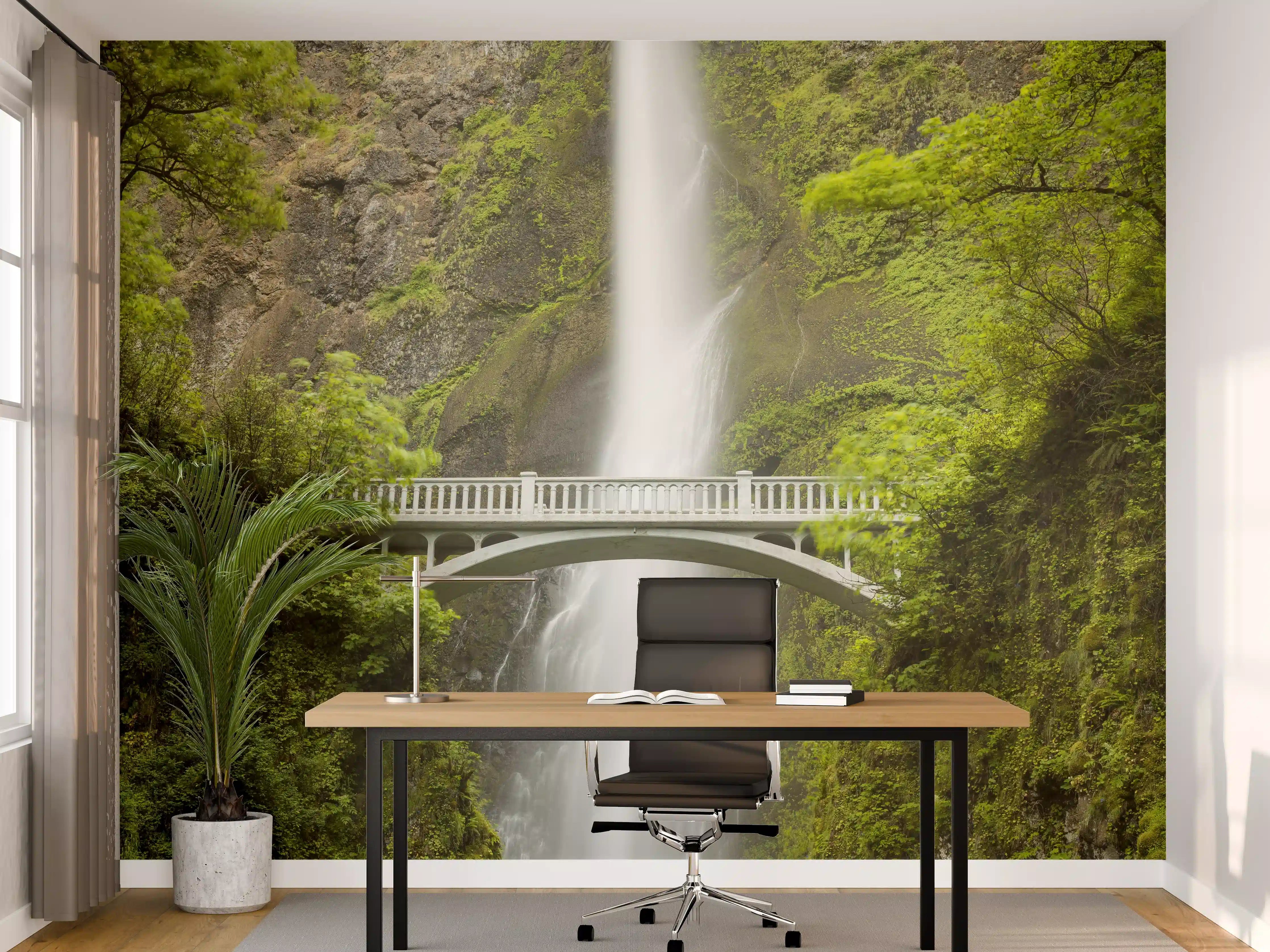 Büro Wandgestaltung - Erhabene grüne Wasserfall Landschaft mit sanften Grautönen