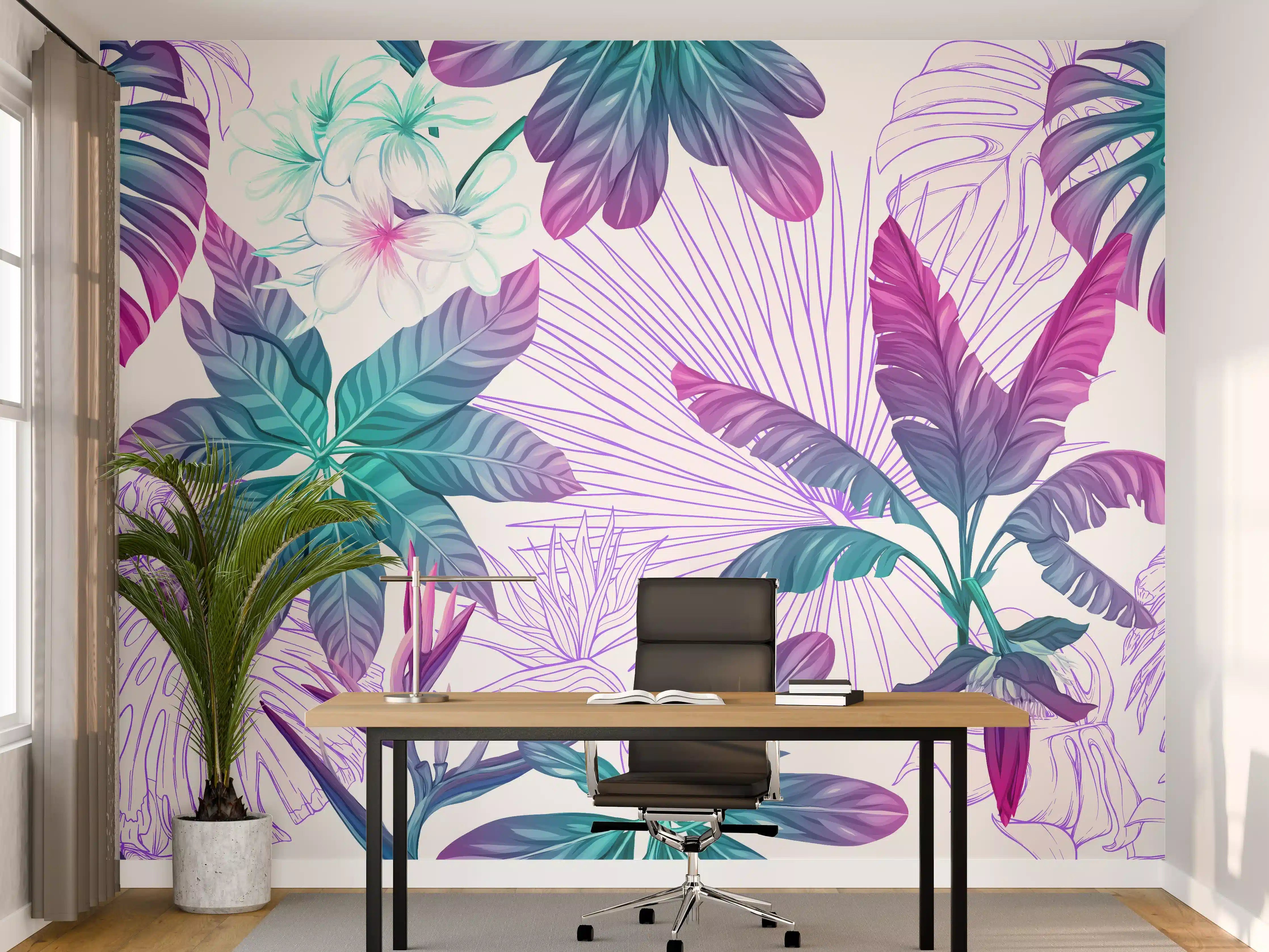Büro Wandgestaltung - Exotische Pflanzenmuster Lila-Blau