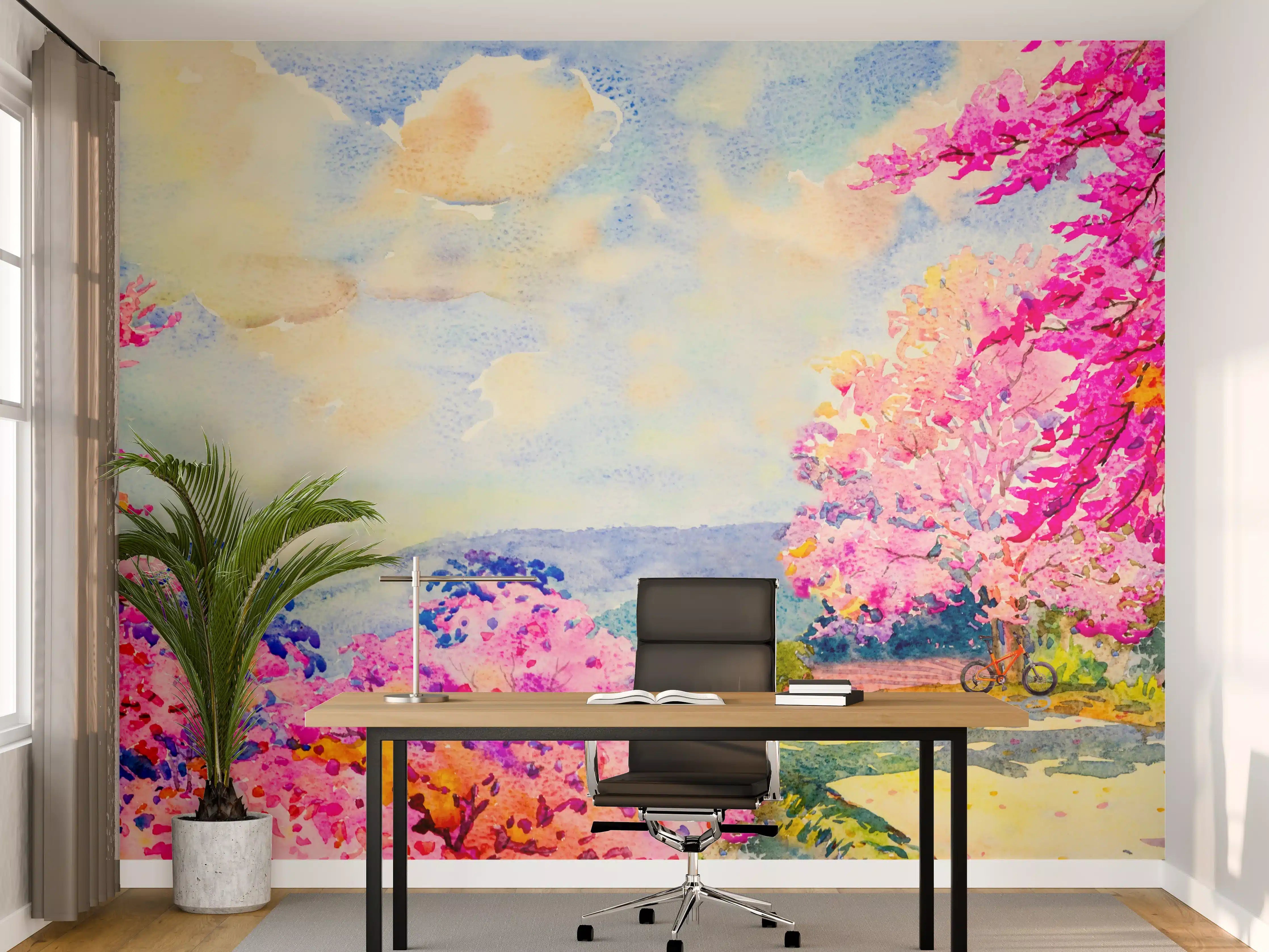 Büro Wandgestaltung - Farbenfrohe Aquarell-Blumenlandschaft