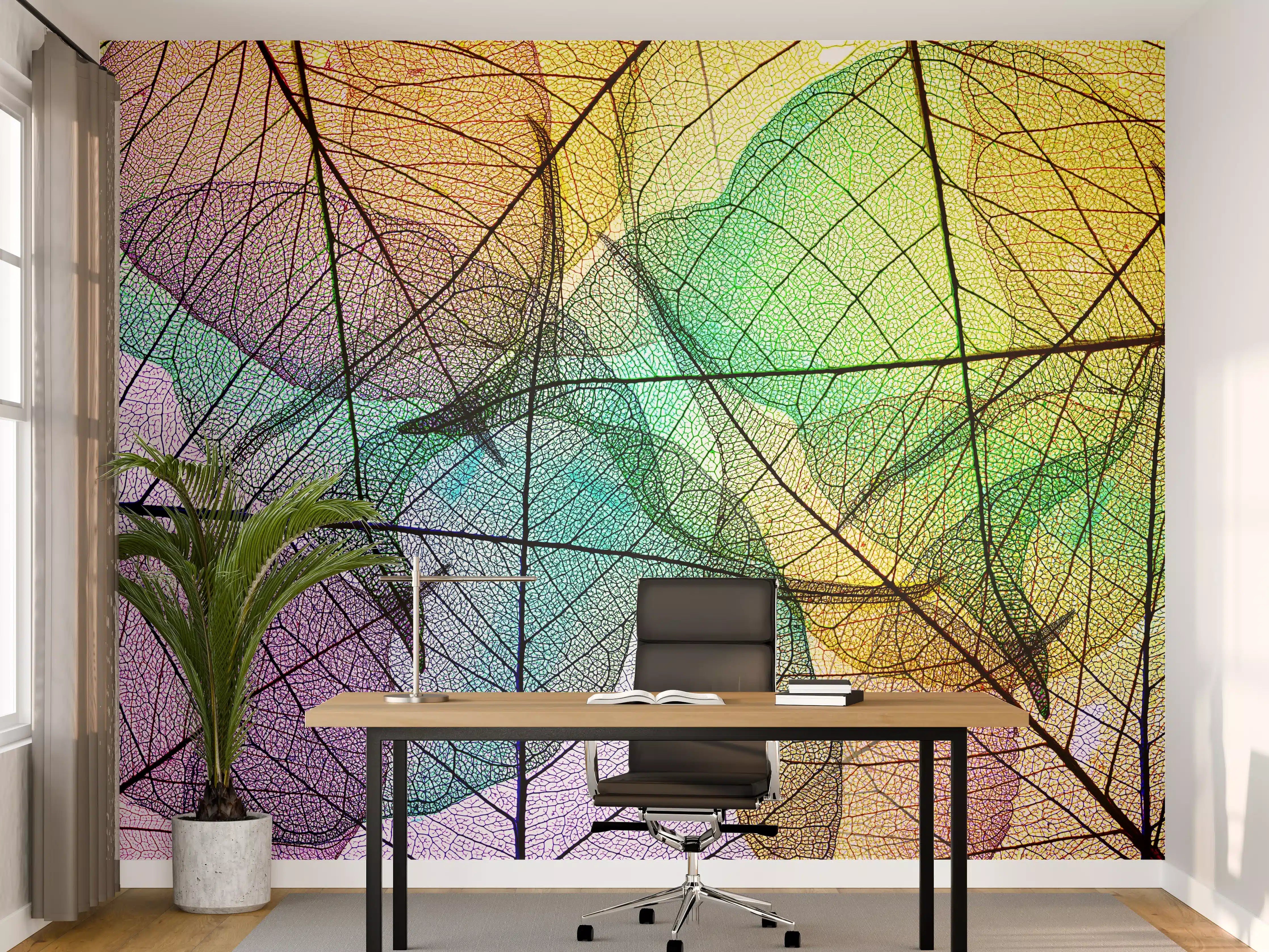 Büro Wandgestaltung - Farbenfrohe Laubtextur auf Weiß