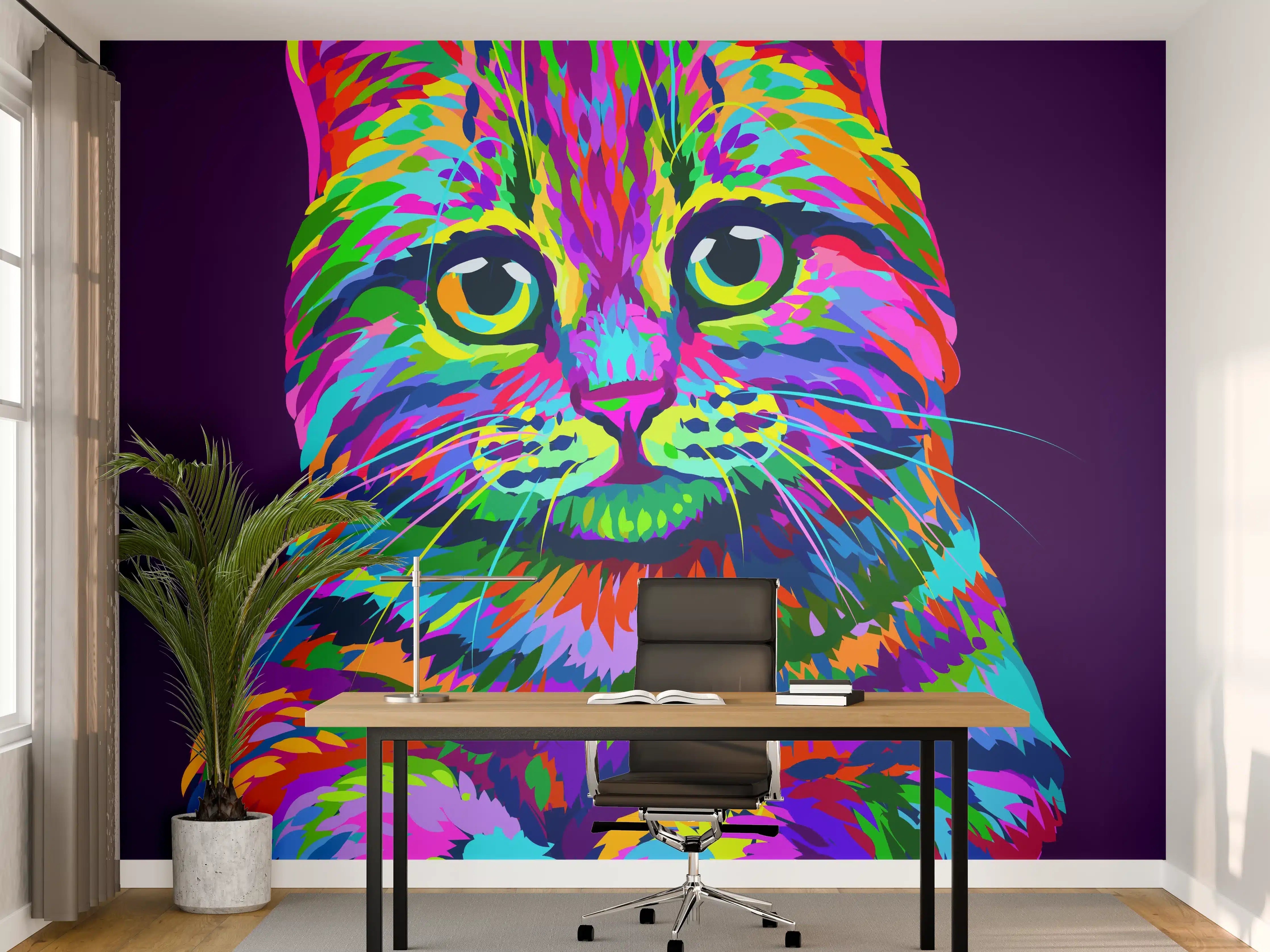 Büro Wandgestaltung - Farbenfrohe Neon-Katzen-Illustration