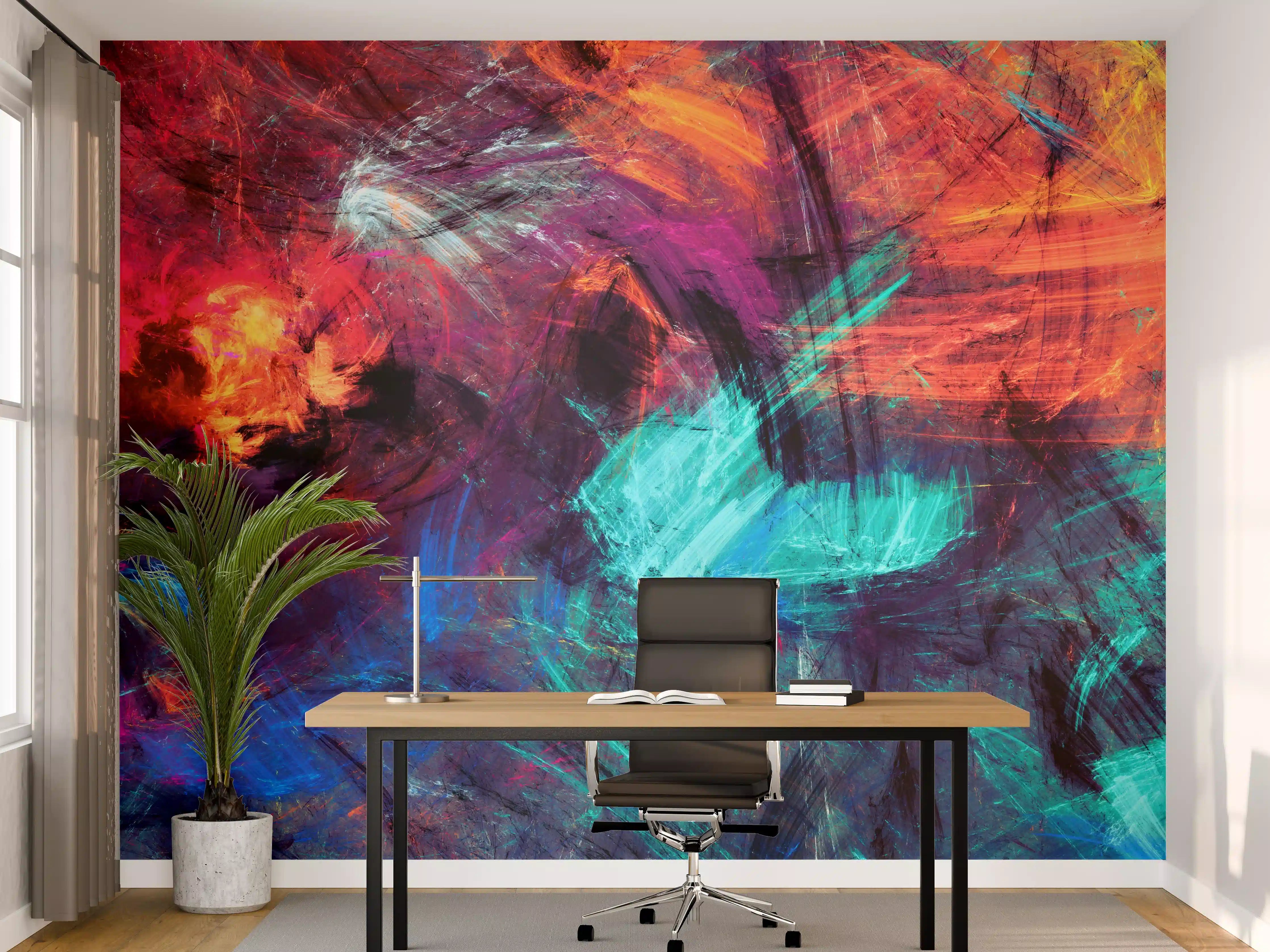 Büro Wandgestaltung - Farbenfrohes Abstraktkunstwerk mit lebendigen Pinselstrichen