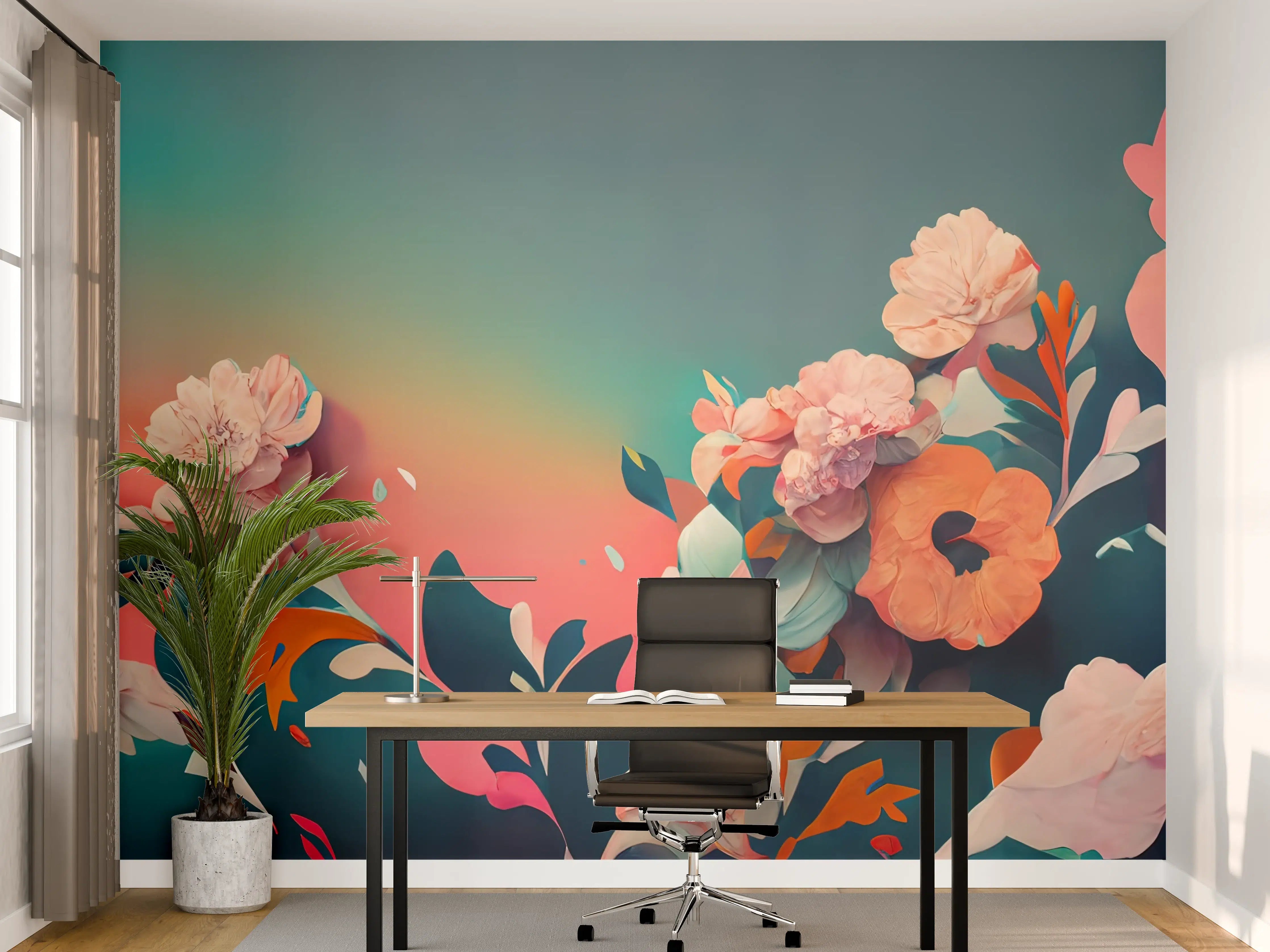 Büro Wandgestaltung - Farbenfrohes Blumenmuster mit Pastellhintergrund