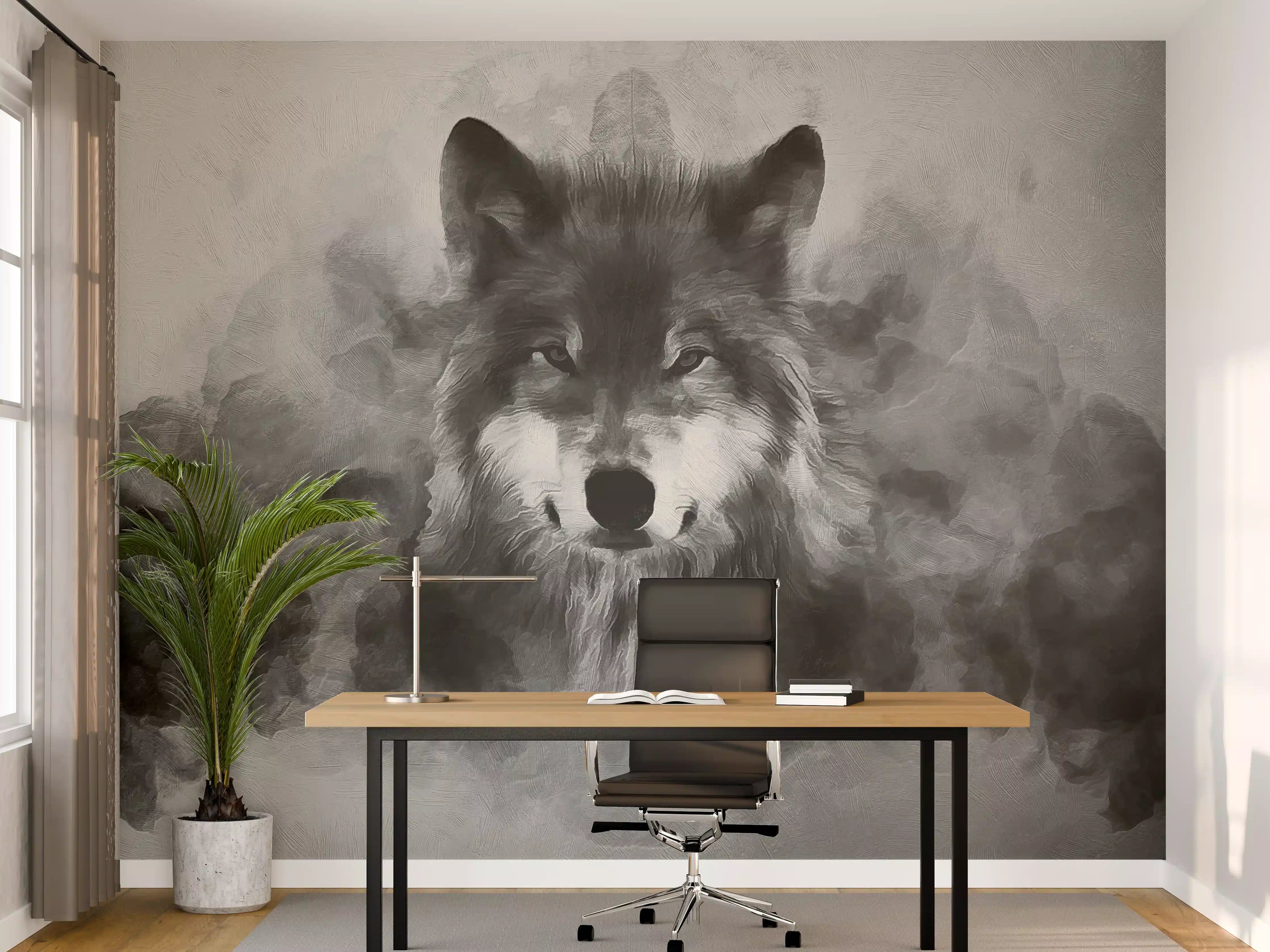 Büro Wandgestaltung - Faszinierende Wolfssilhouette in Schwarz-Weiß