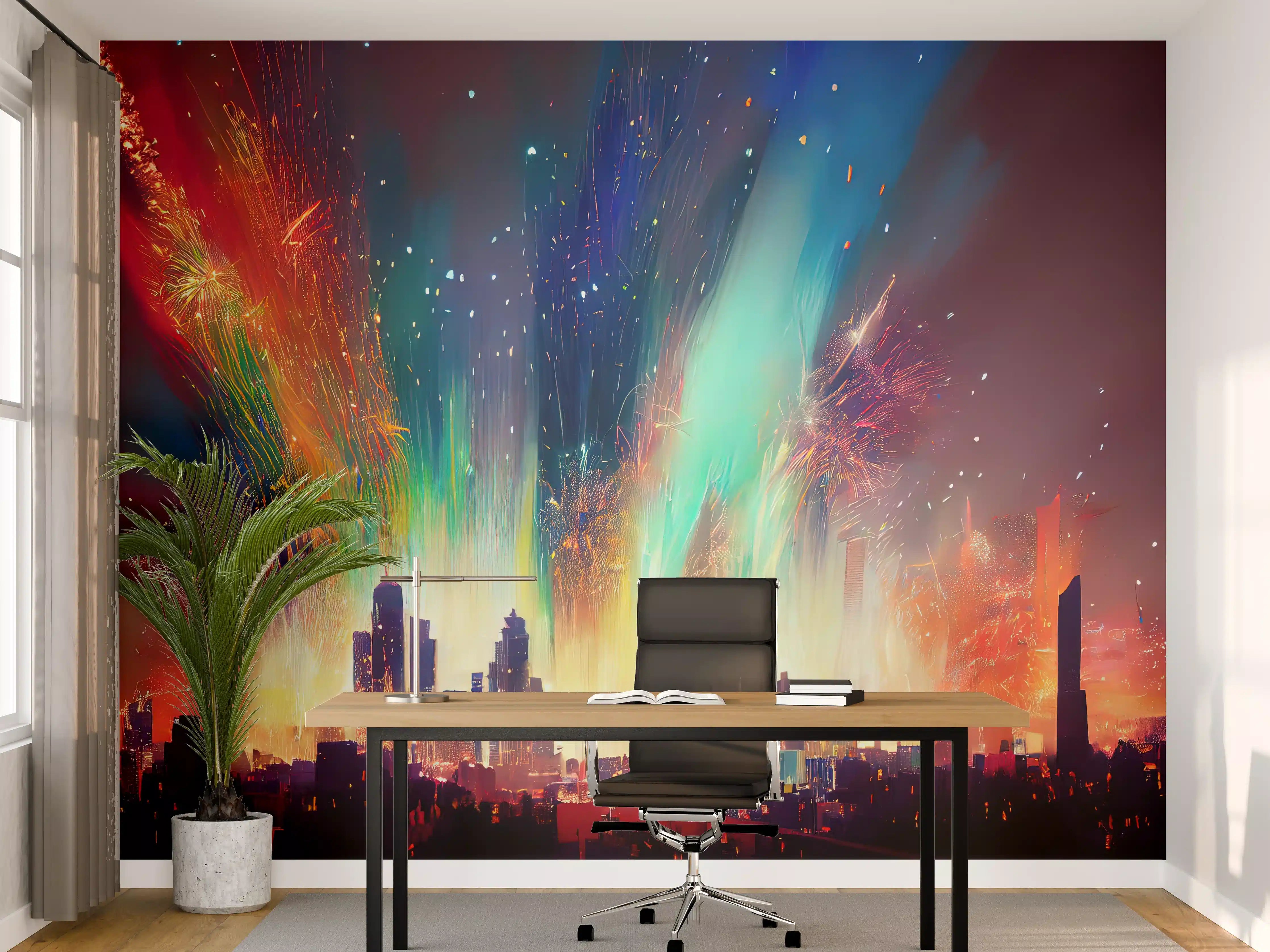 Büro Wandgestaltung - Feuerwerk über Stadt bei Nacht - Illustration