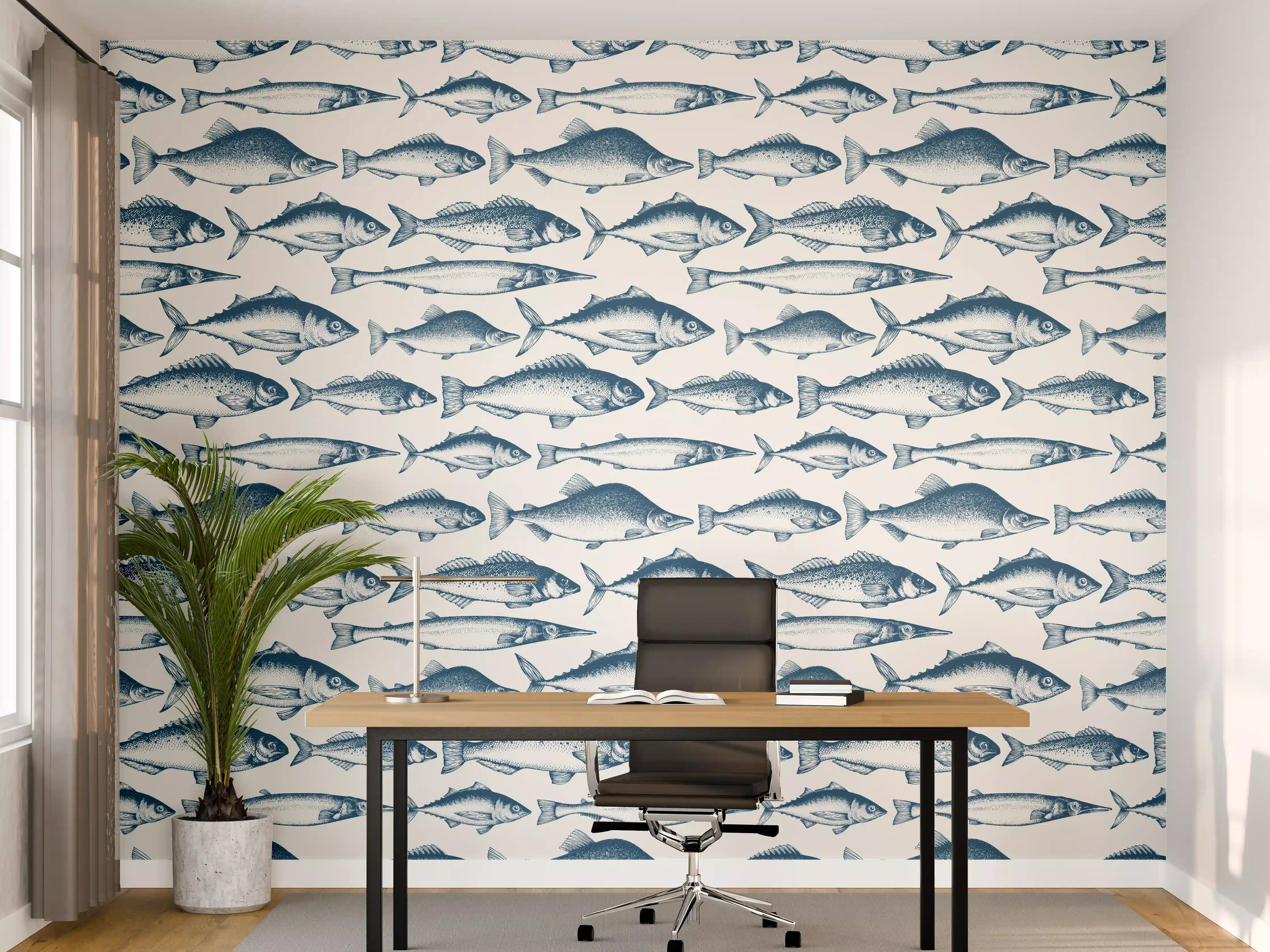 Büro Wandgestaltung - Fisch-Design in Blau und Weiß