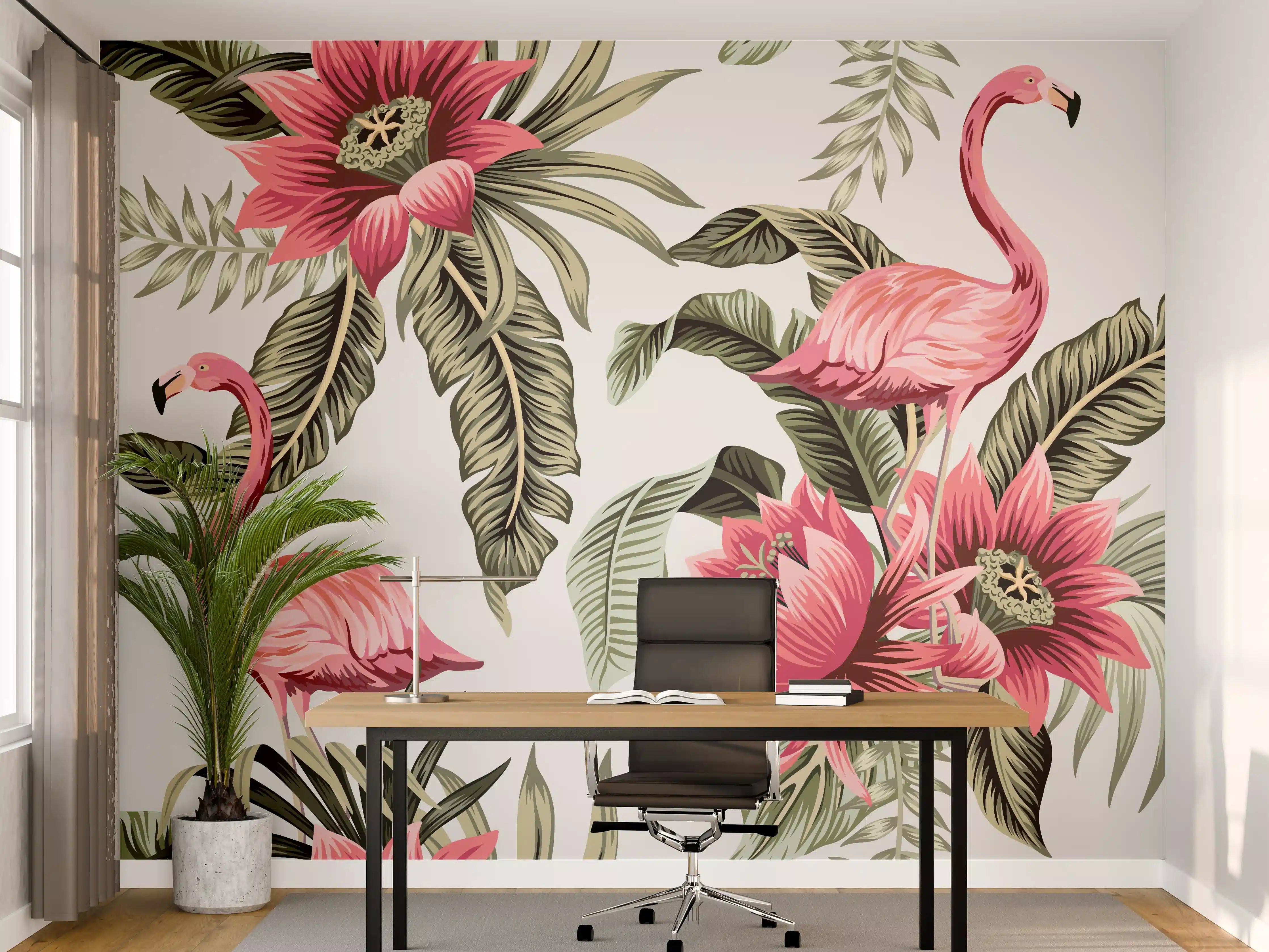 Büro Wandgestaltung - Flamingo & Tropenblumen Muster