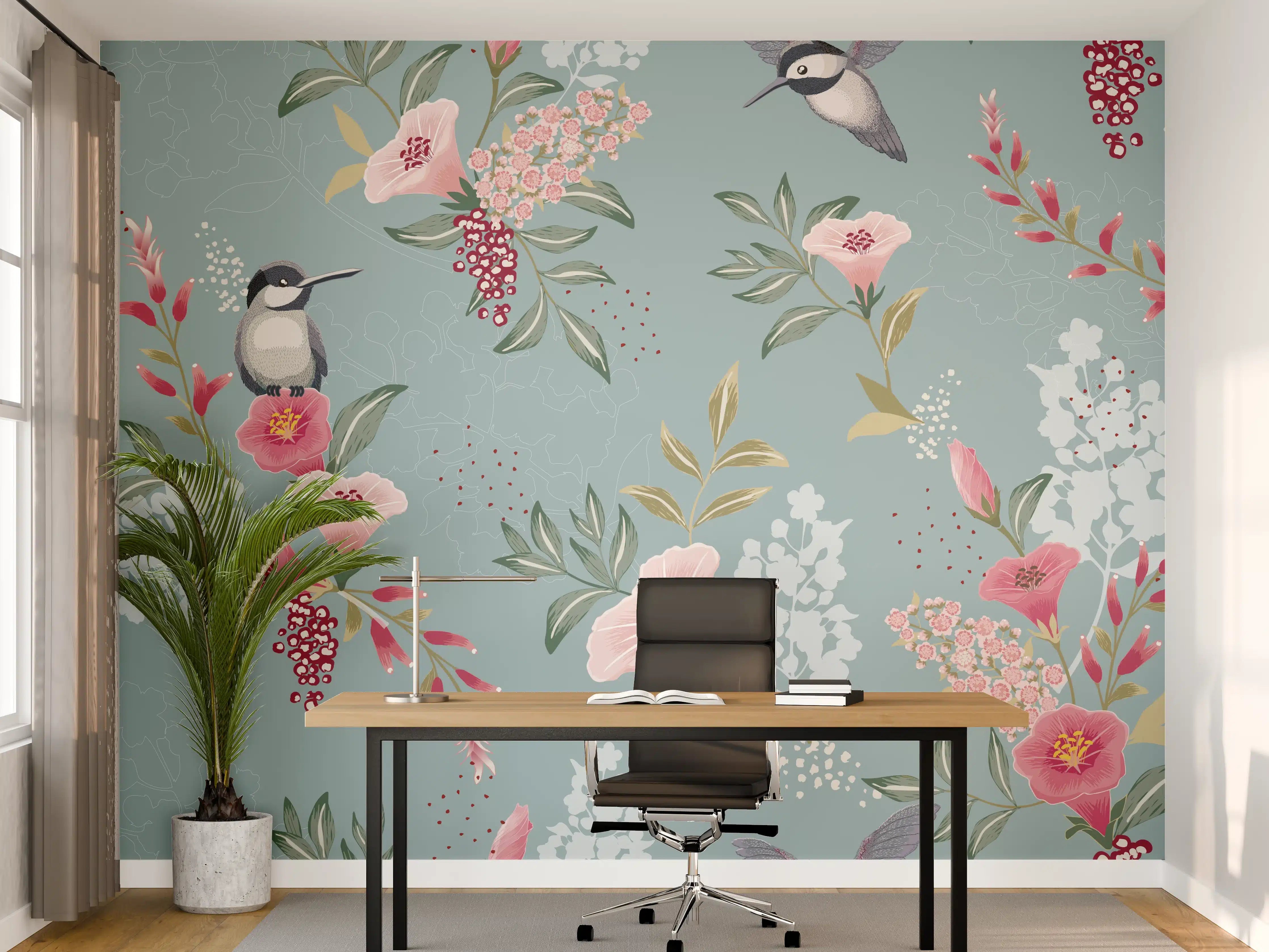 Büro Wandgestaltung - Floral-Bird-Muster Blaugrau