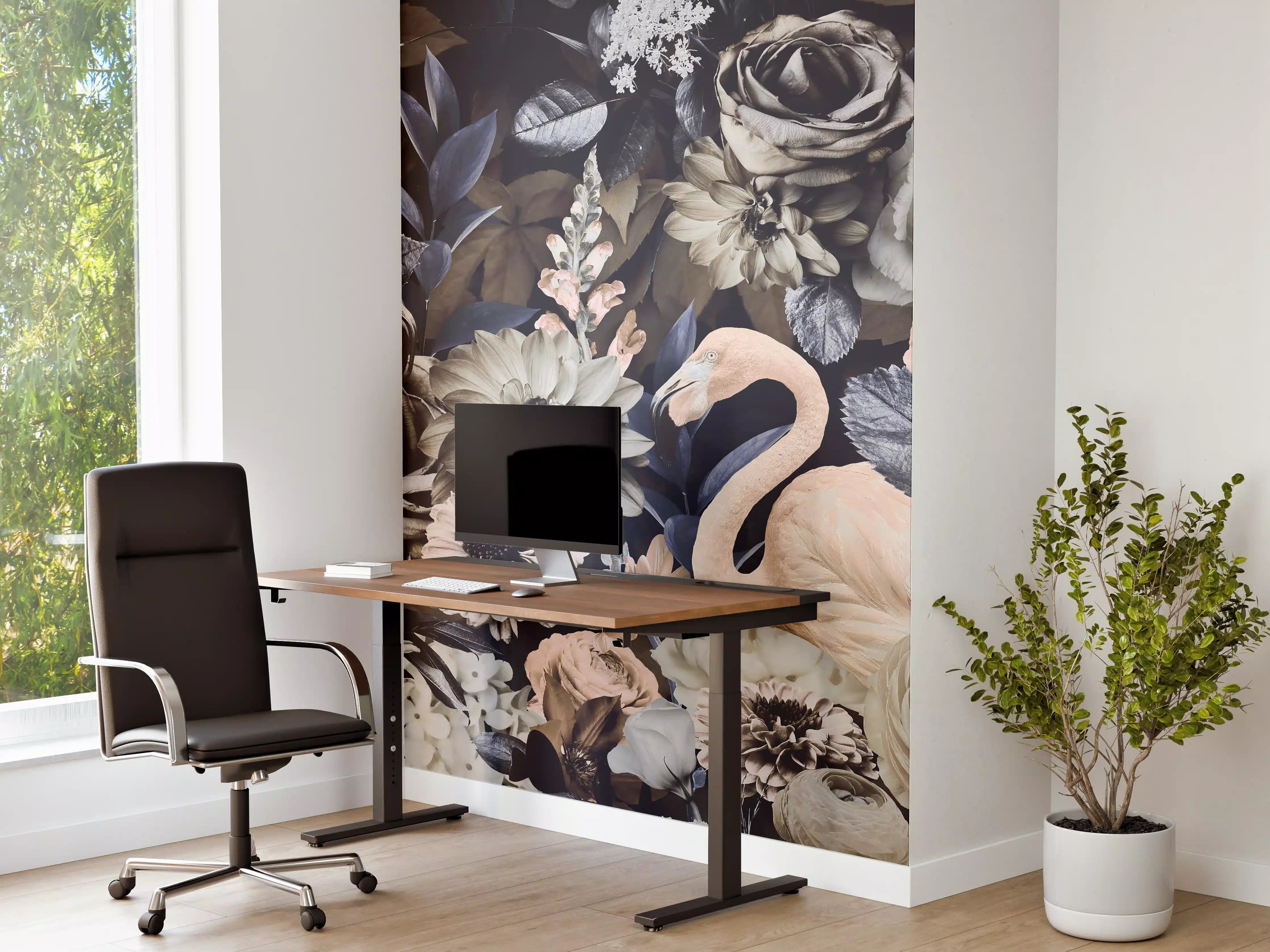Büro Wandgestaltung - Floral-Flamingo Muster Grau-Weiß