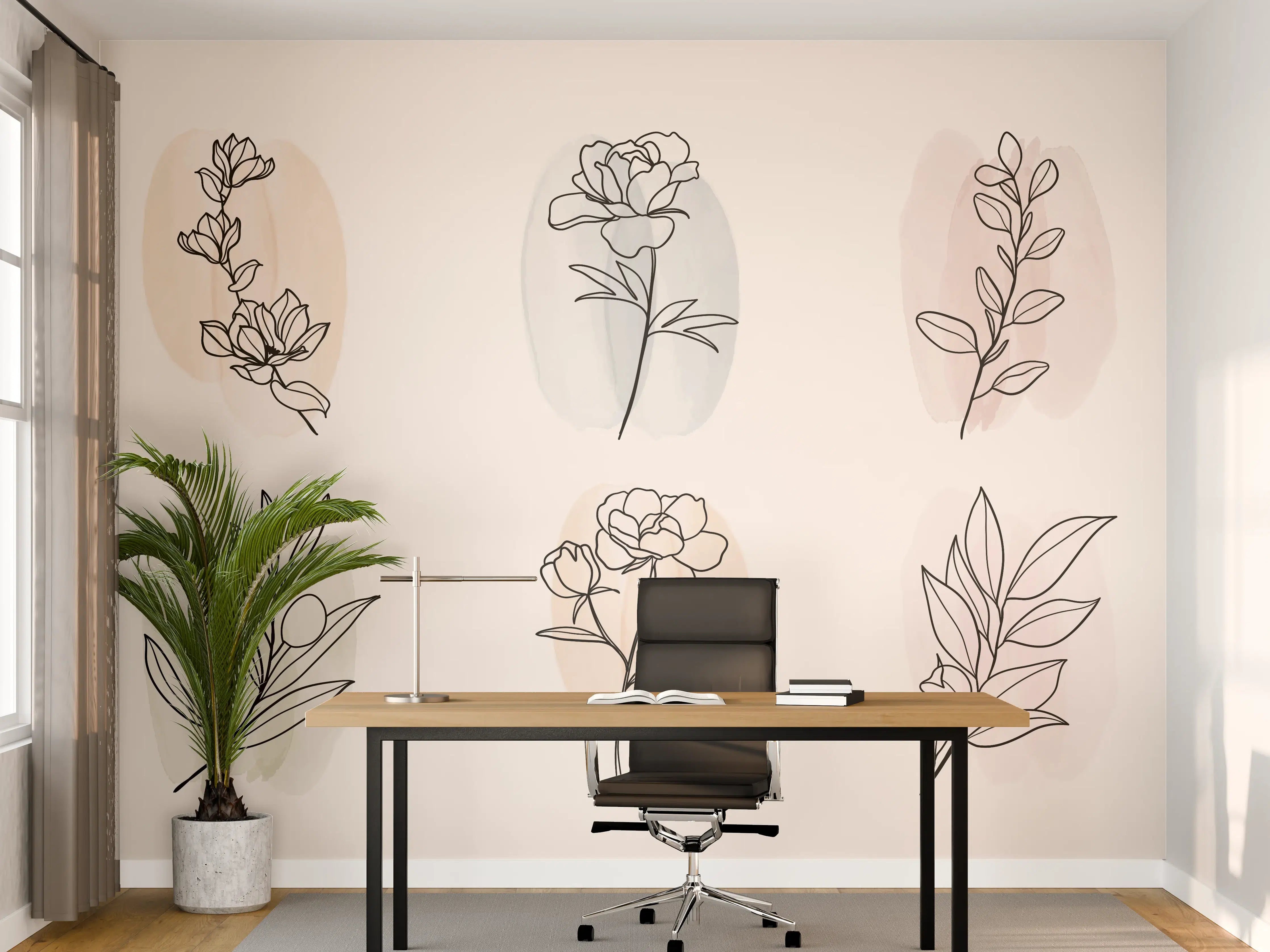 Büro Wandgestaltung - Florale Lineart Zeichnung Kollektion