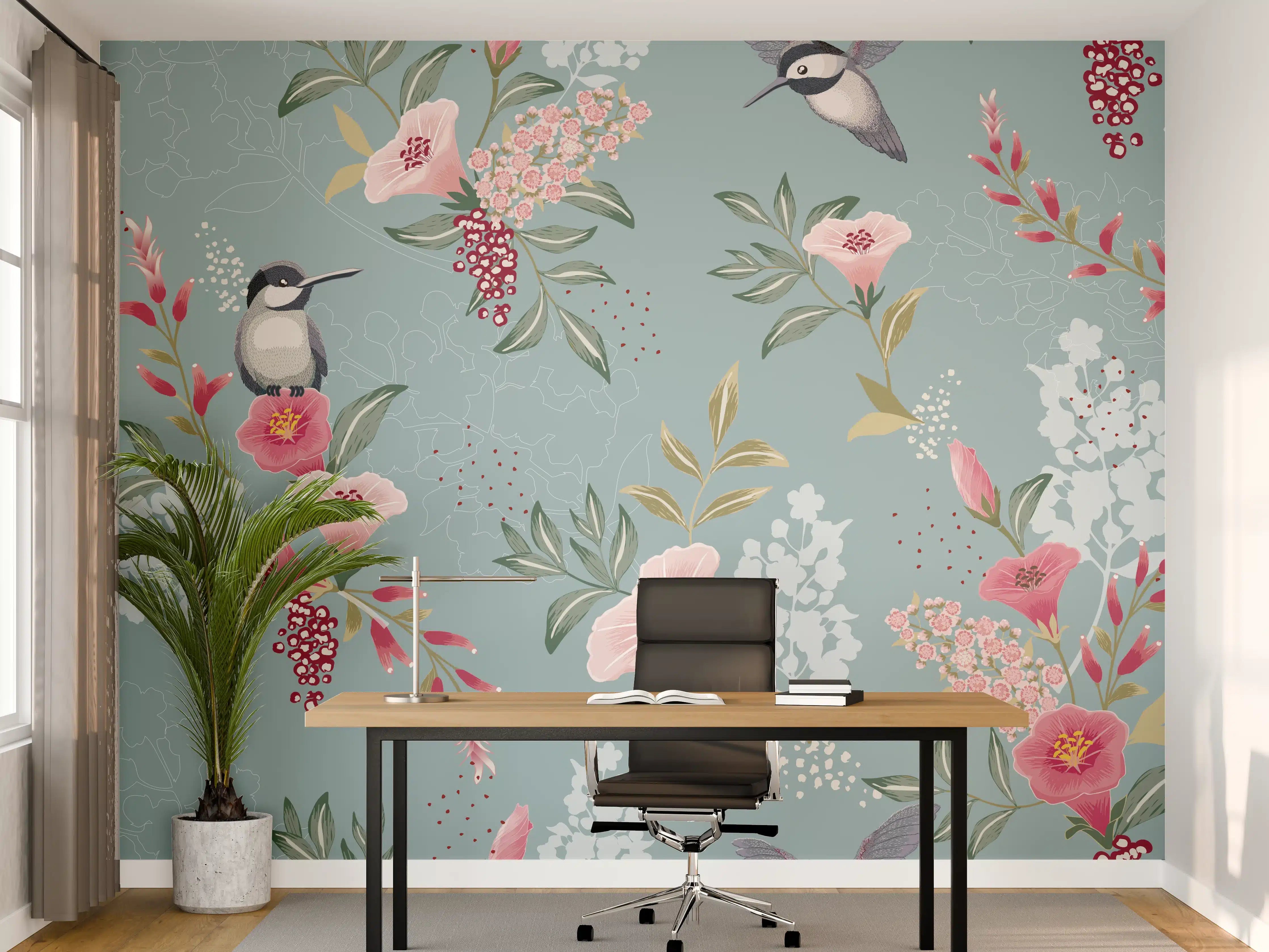 Büro Wandgestaltung - Florales Muster mit Vögeln Pastell