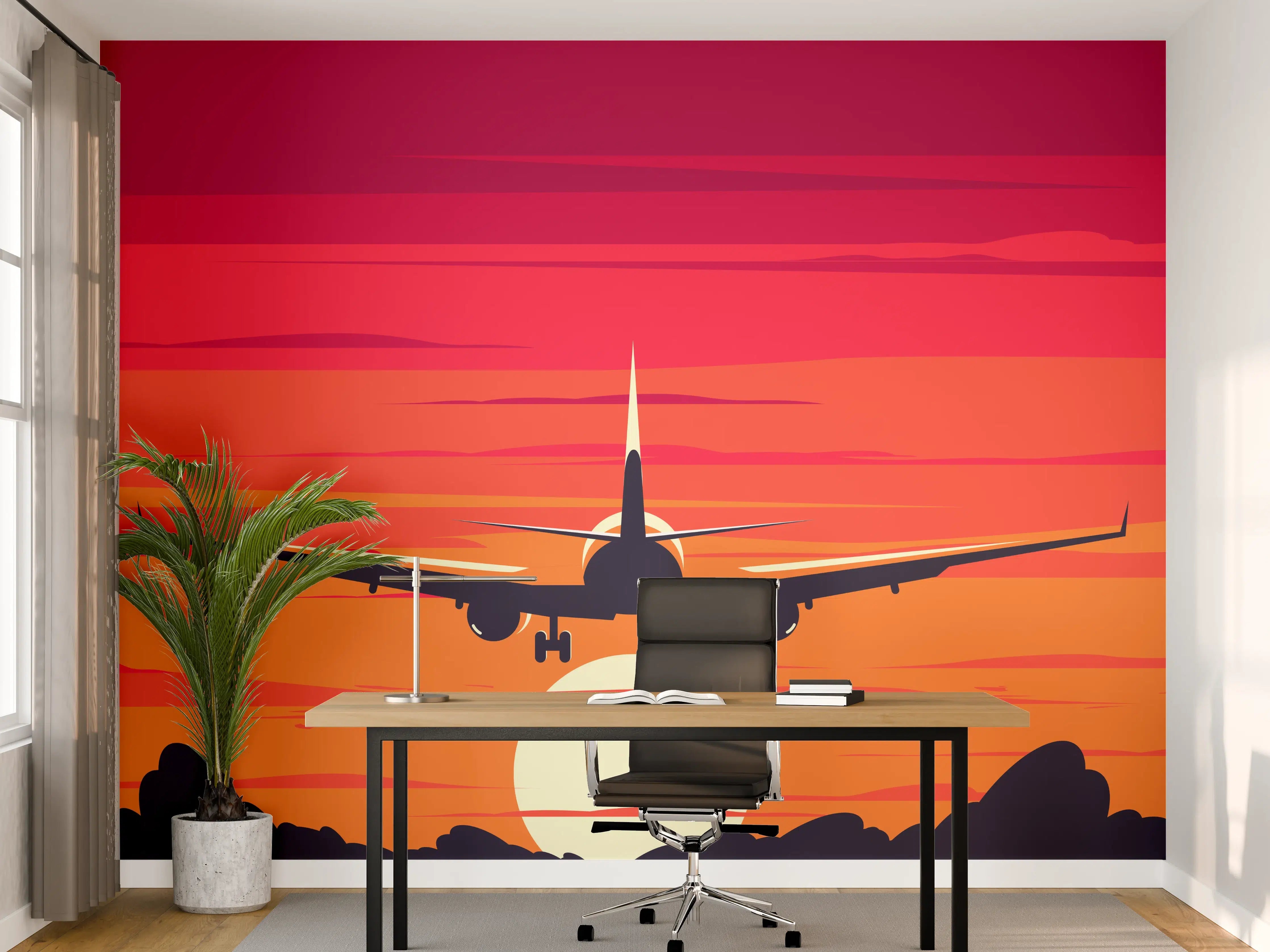 Büro Wandgestaltung - Flugzeug Silhouette Sonnenuntergang