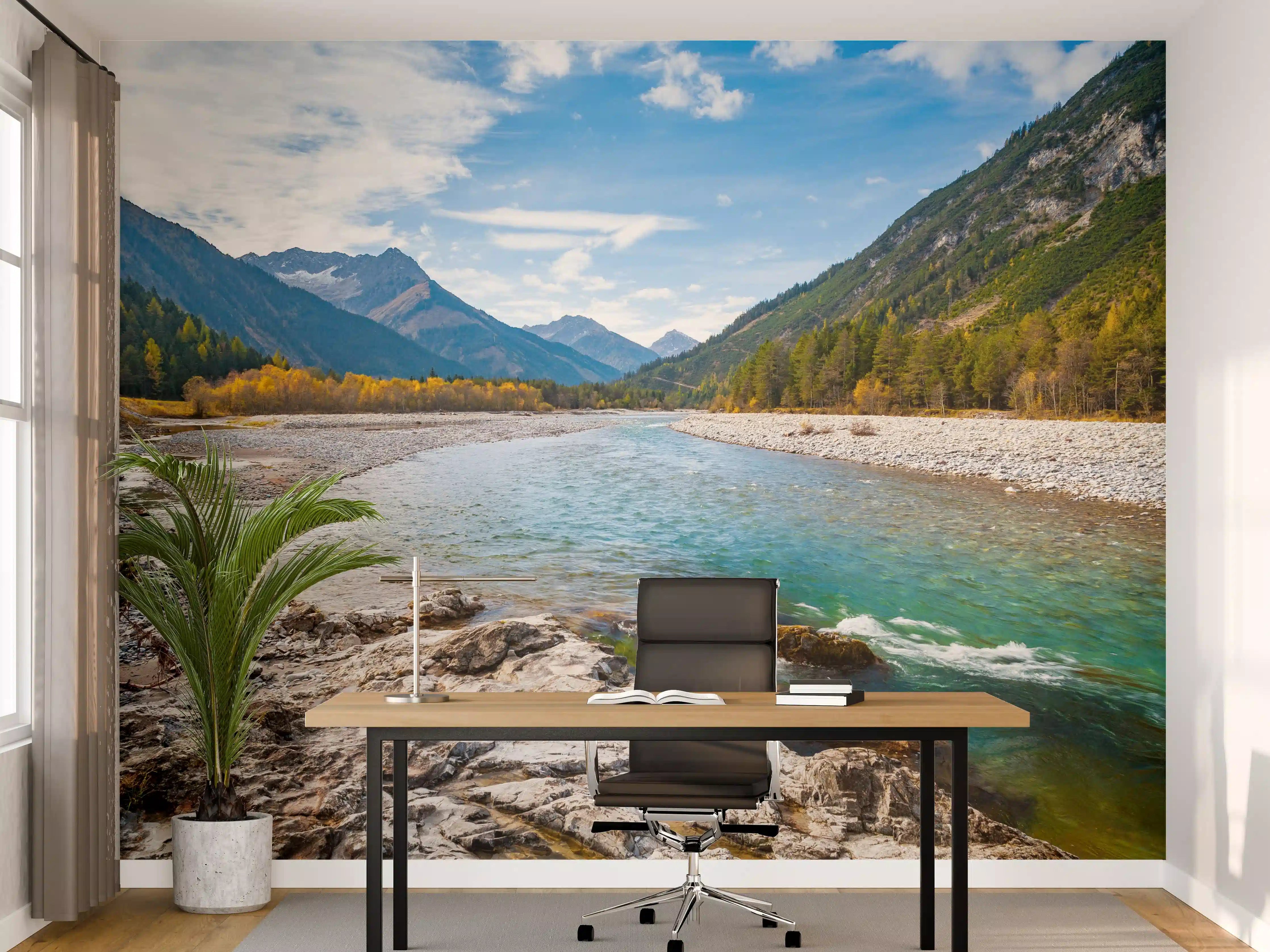 Büro Wandgestaltung - Fluss durch die Alpen im Herbst