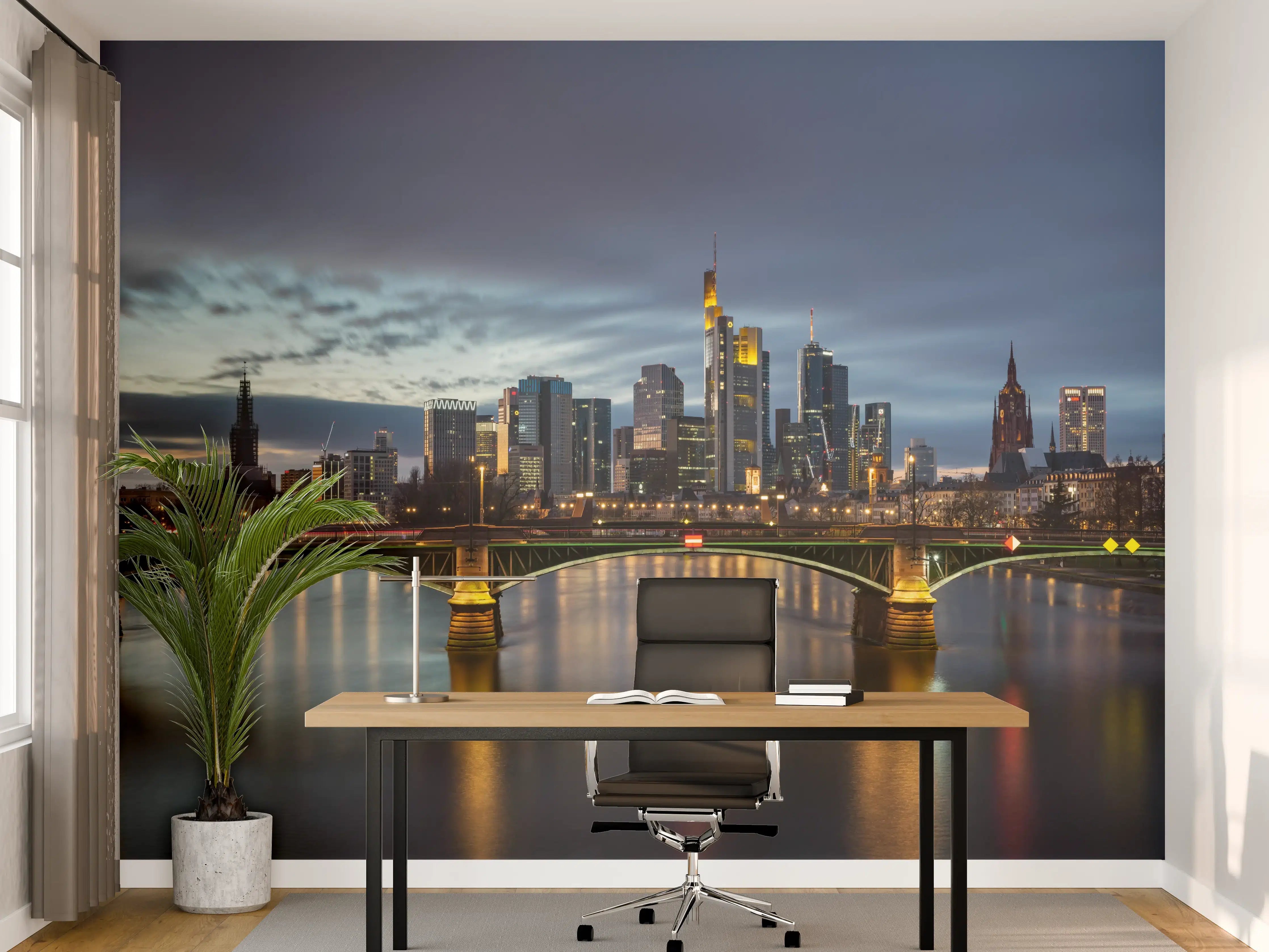 Büro Wandgestaltung - Flussansicht in der Dämmerung von Frankfurt