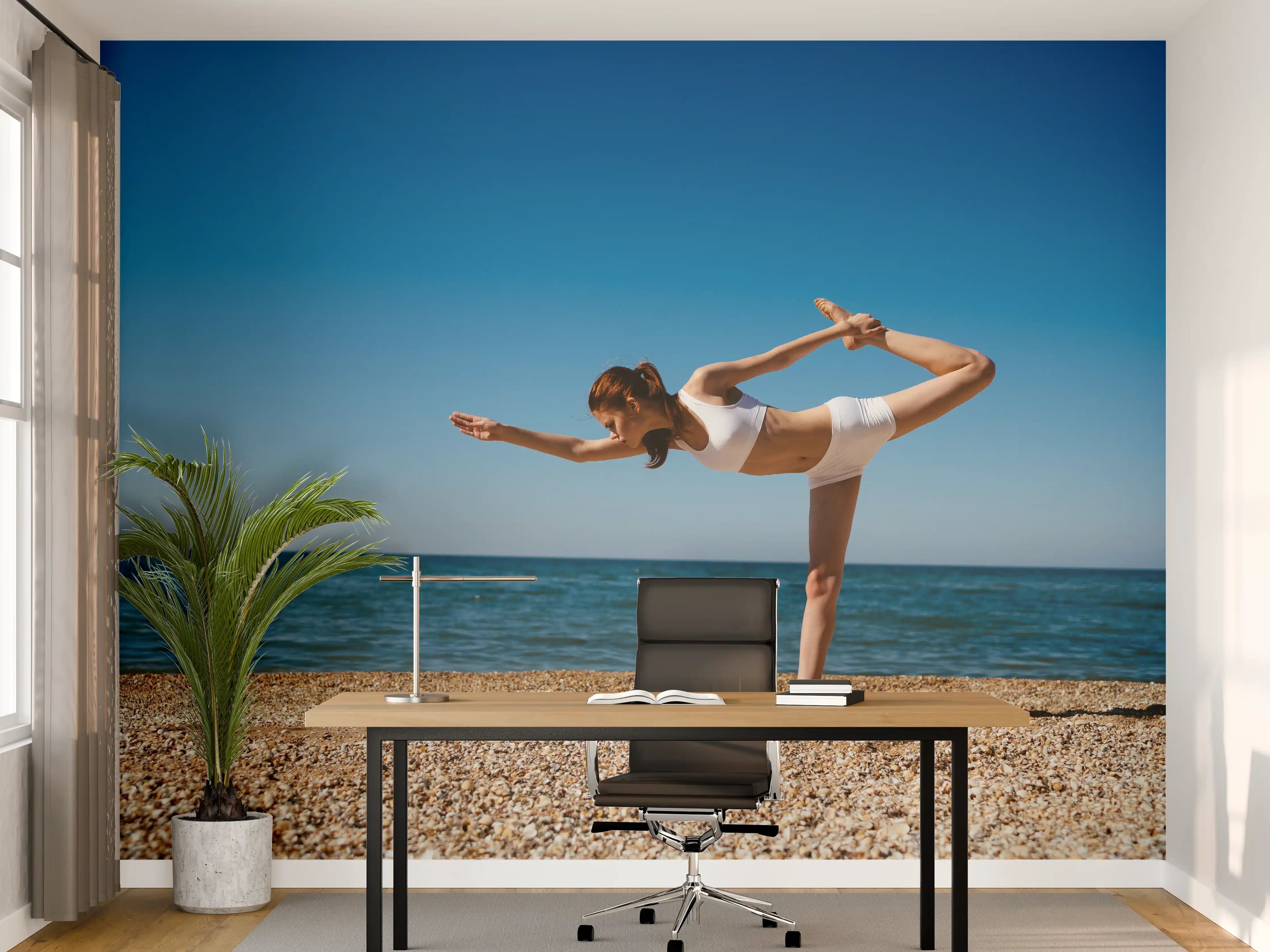 Büro Wandgestaltung - Frau im Badeanzug beim Yoga über Meereslandschaft