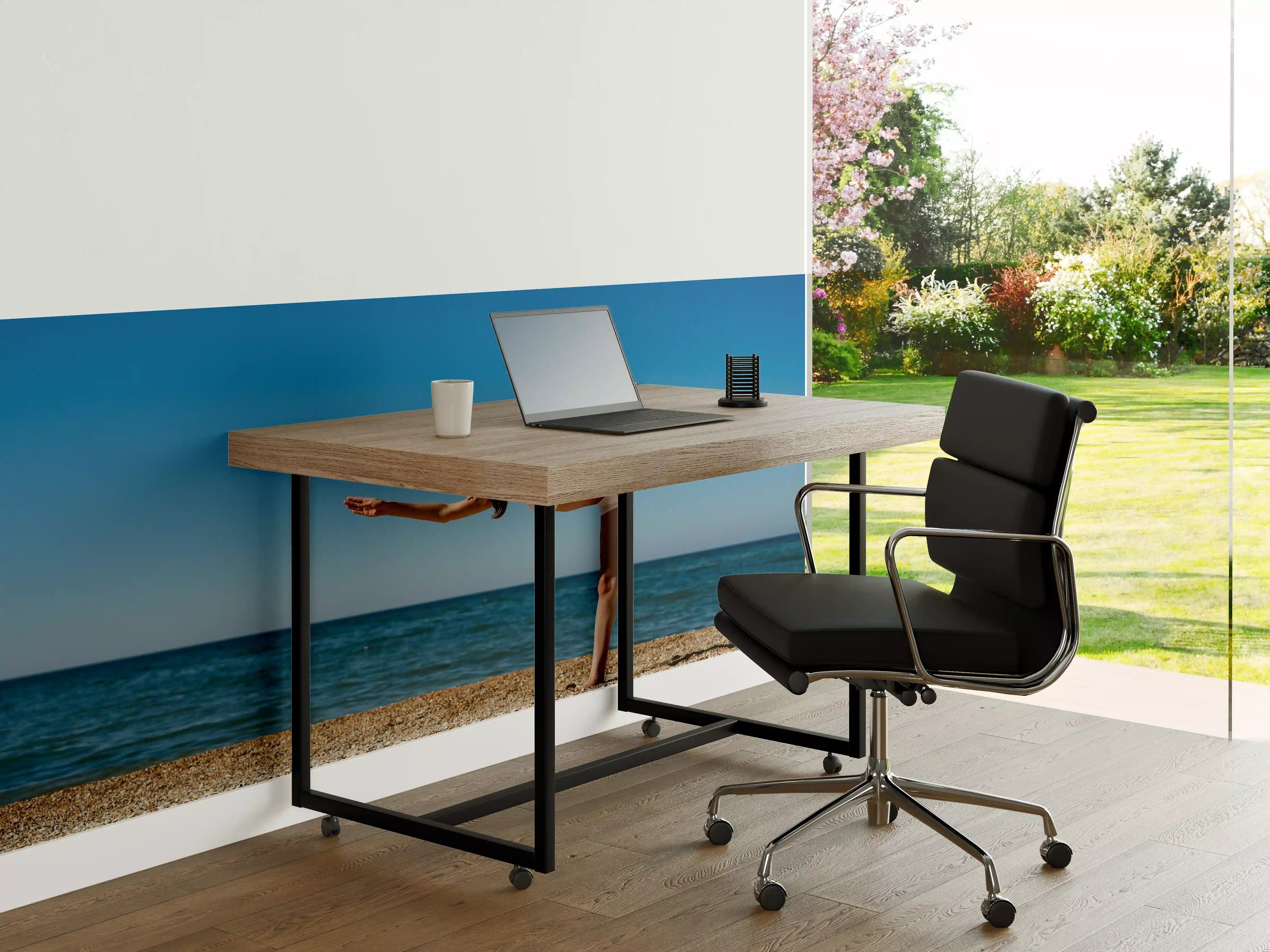 Büro Wandgestaltung - Frau im Badeanzug beim Yoga über Meereslandschaft