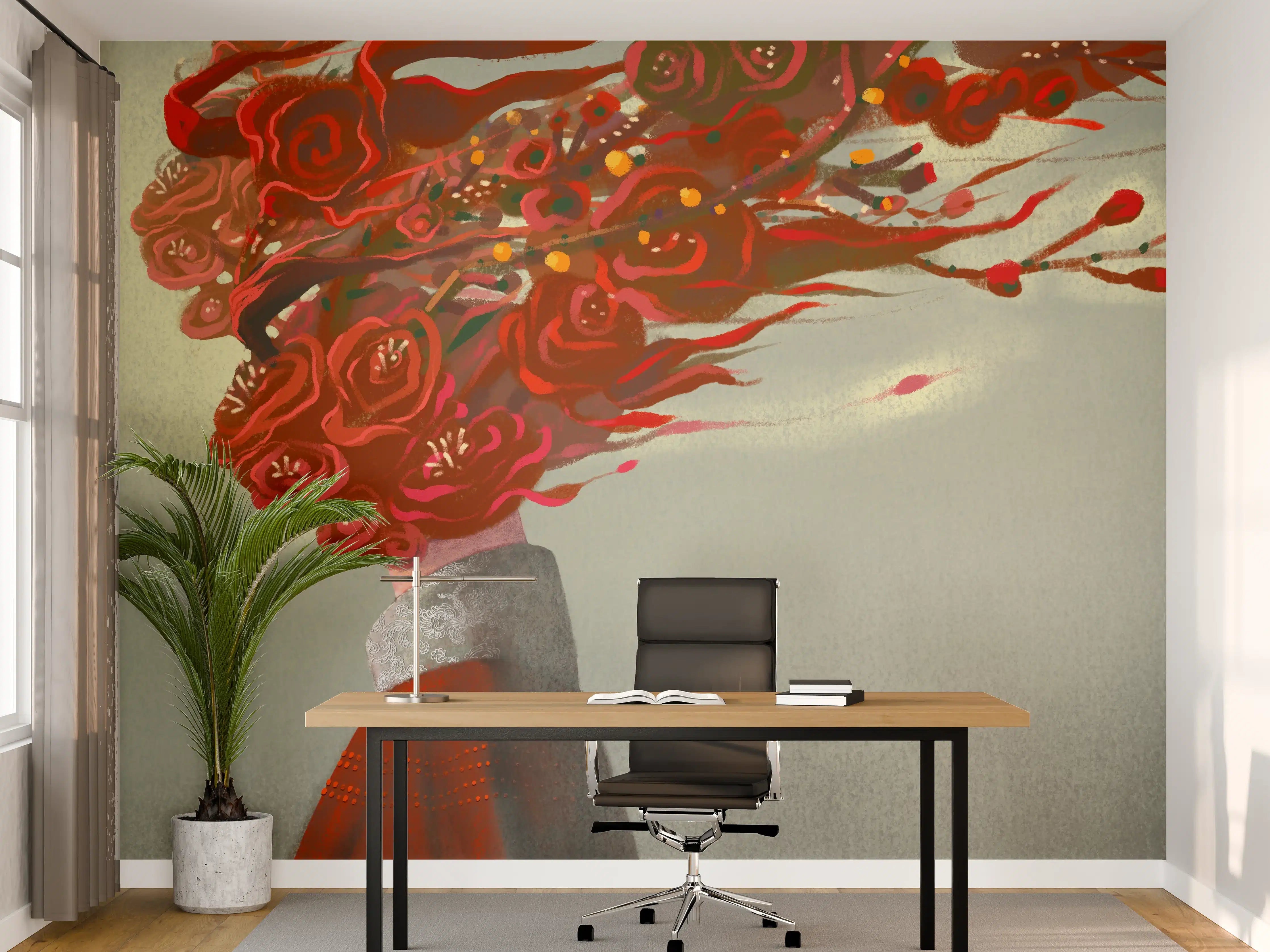 Büro Wandgestaltung - Frau mit roten Blumen Kopf