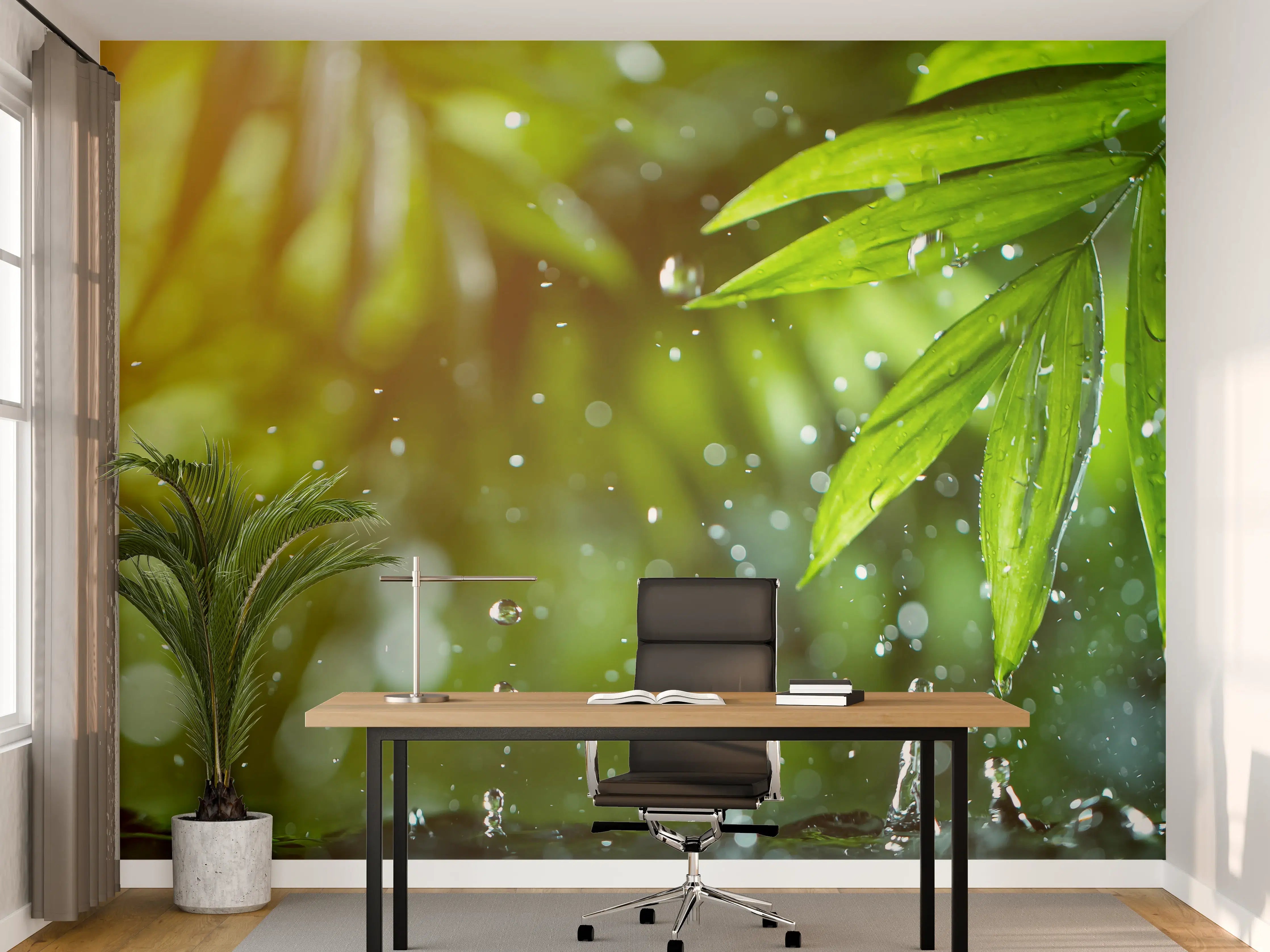 Büro Wandgestaltung - Frische Blätter mit Wassertropfen