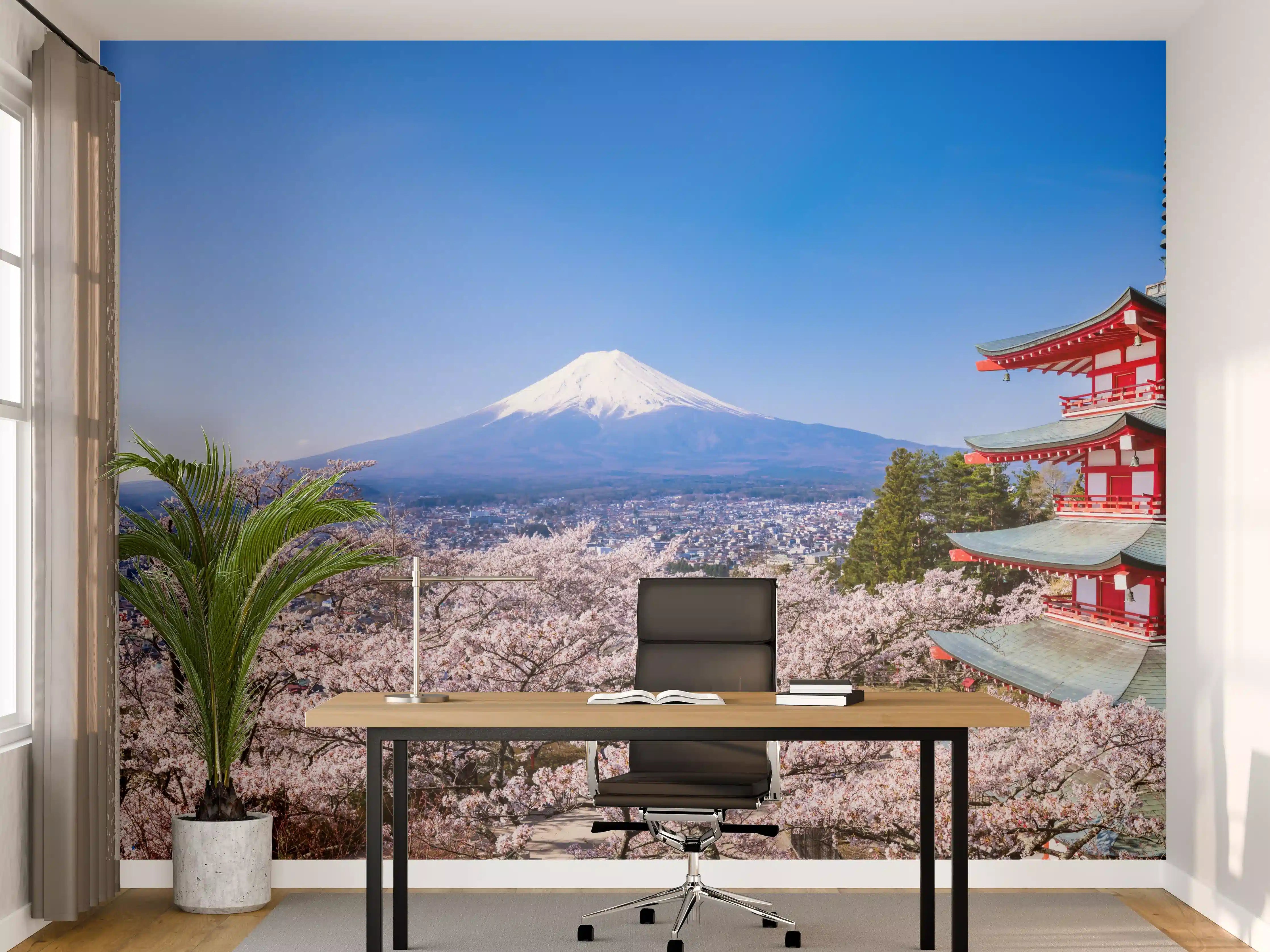 Büro Wandgestaltung - Fuji und Pagode im Kirschblütenmeer
