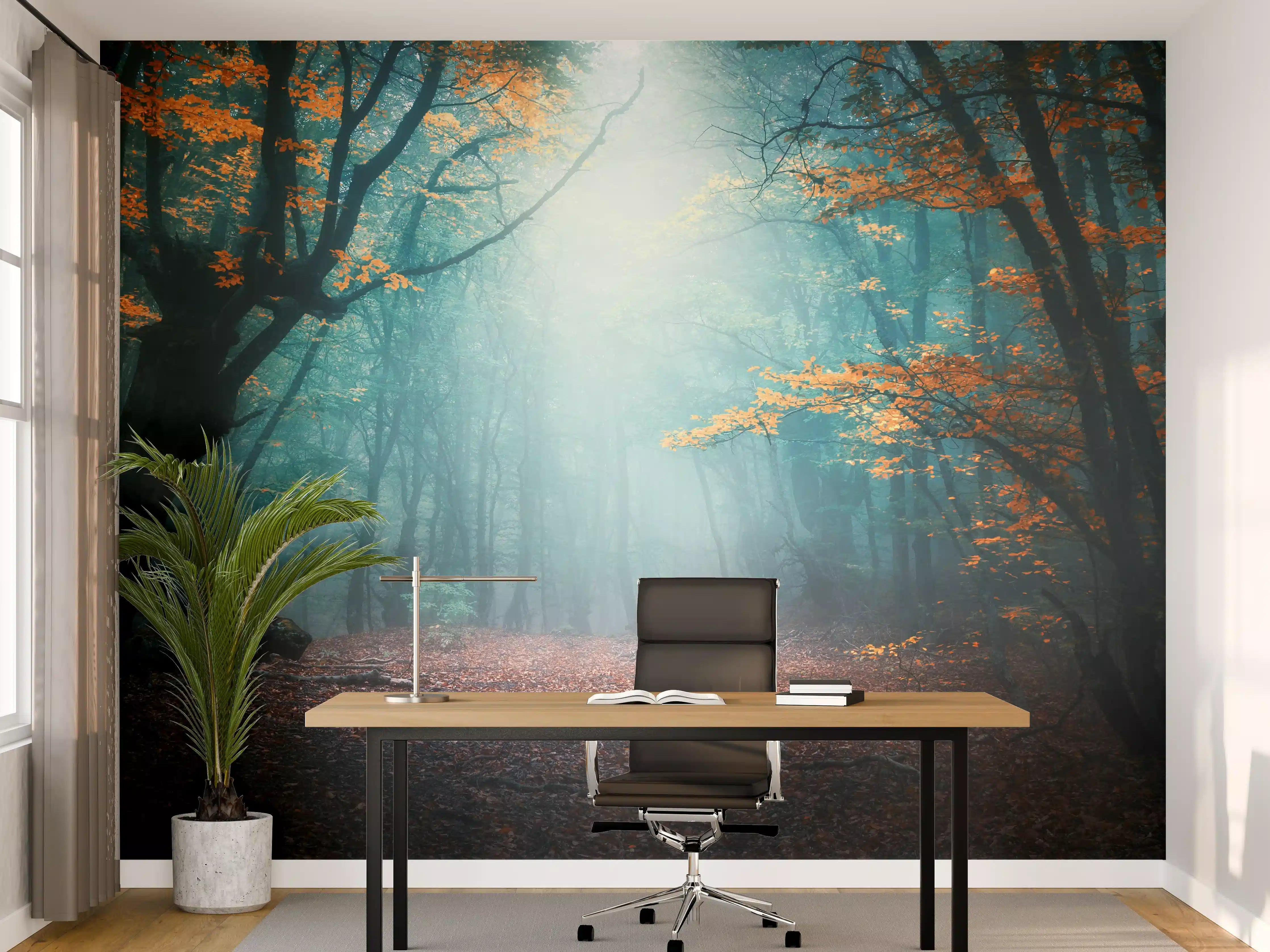 Büro Wandgestaltung - Geheimnisvoller Grauwald im Morgenlicht