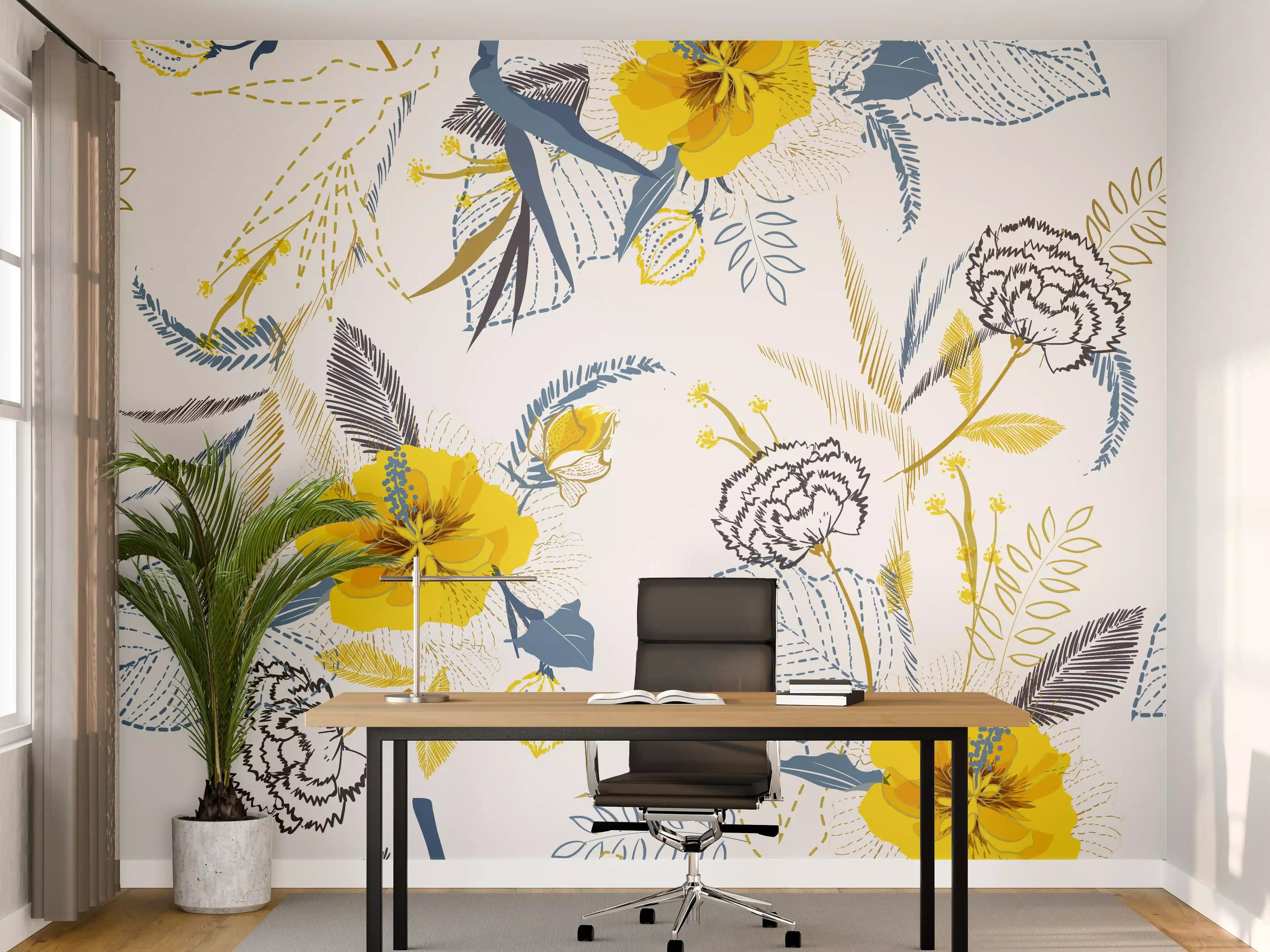Büro Wandgestaltung - Gelb-Weißes Blumenmuster