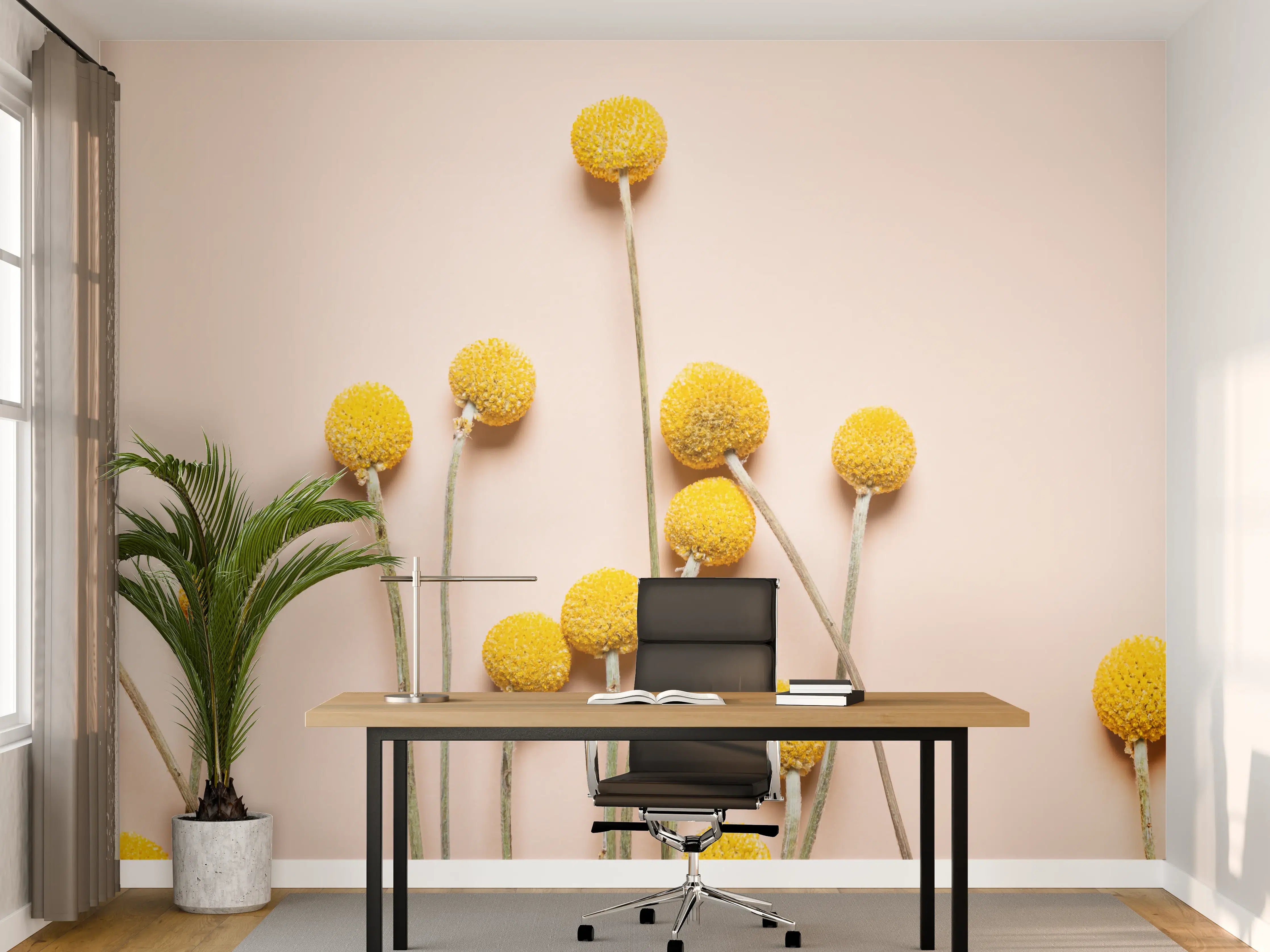 Büro Wandgestaltung - Gelbe Pompon-Blumen auf hellem Hintergrund
