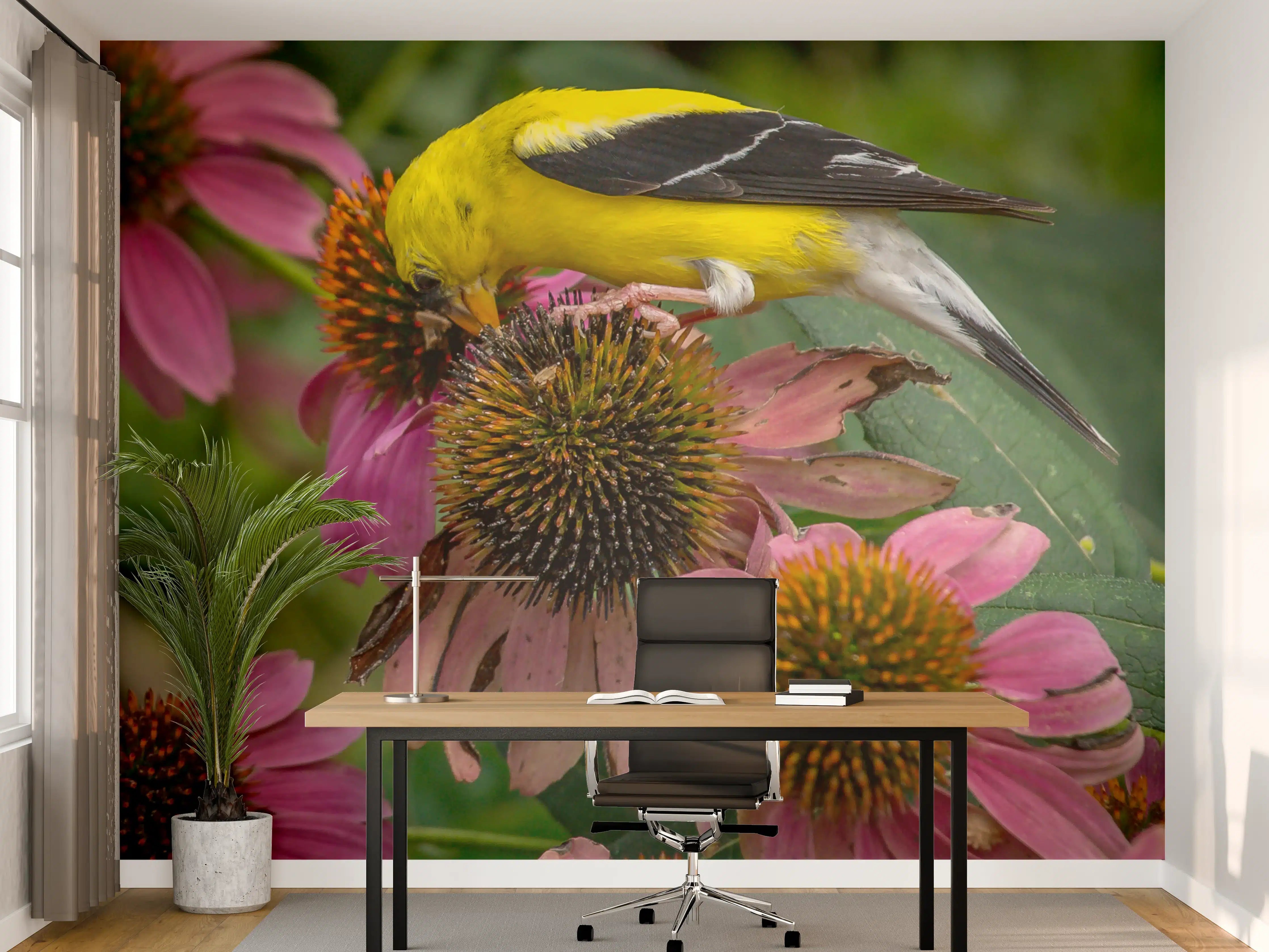 Büro Wandgestaltung - Gelber Vogel auf Pinken Blumen