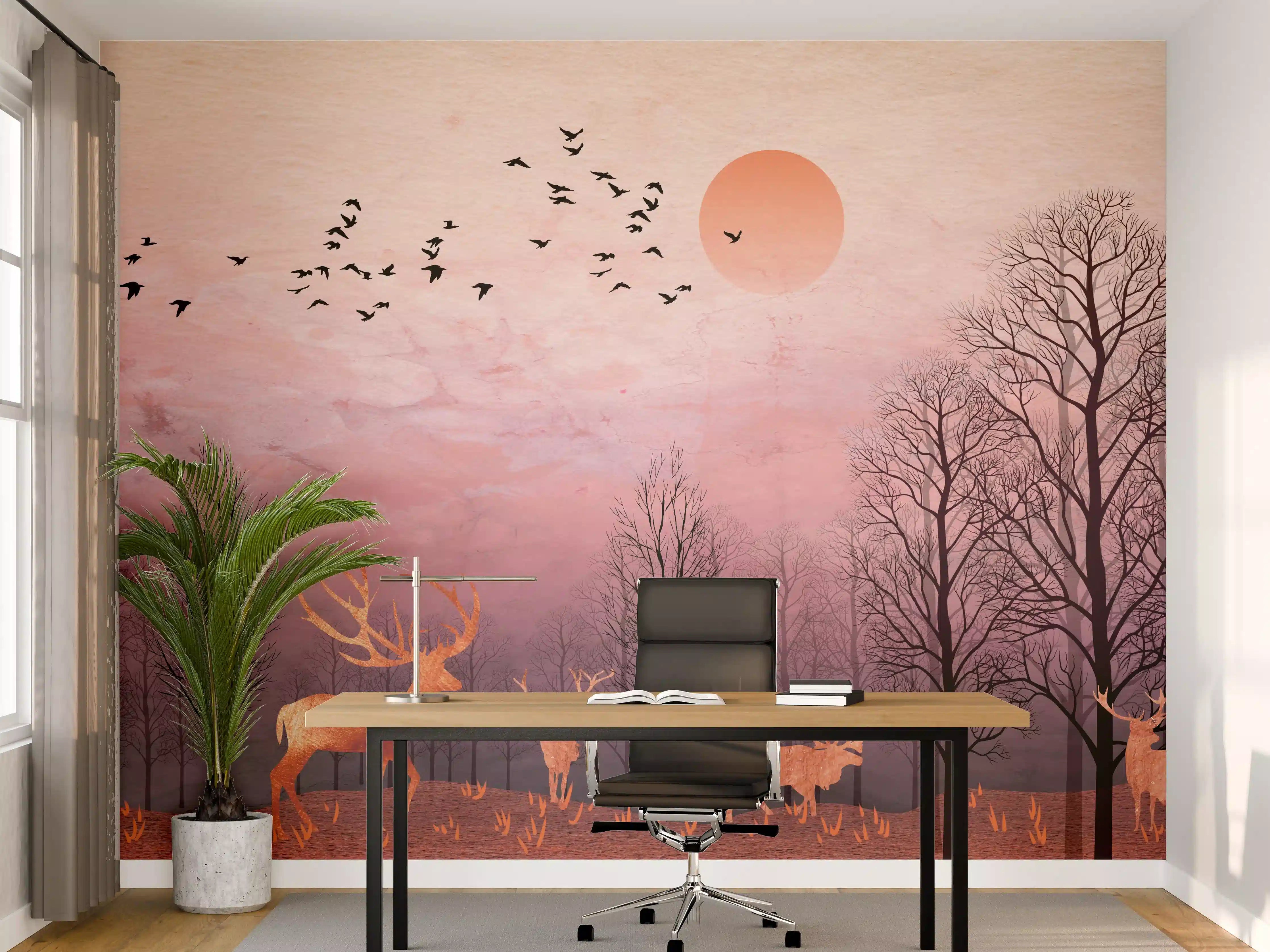 Büro Wandgestaltung - Gemalte Landschaft mit Wildtieren