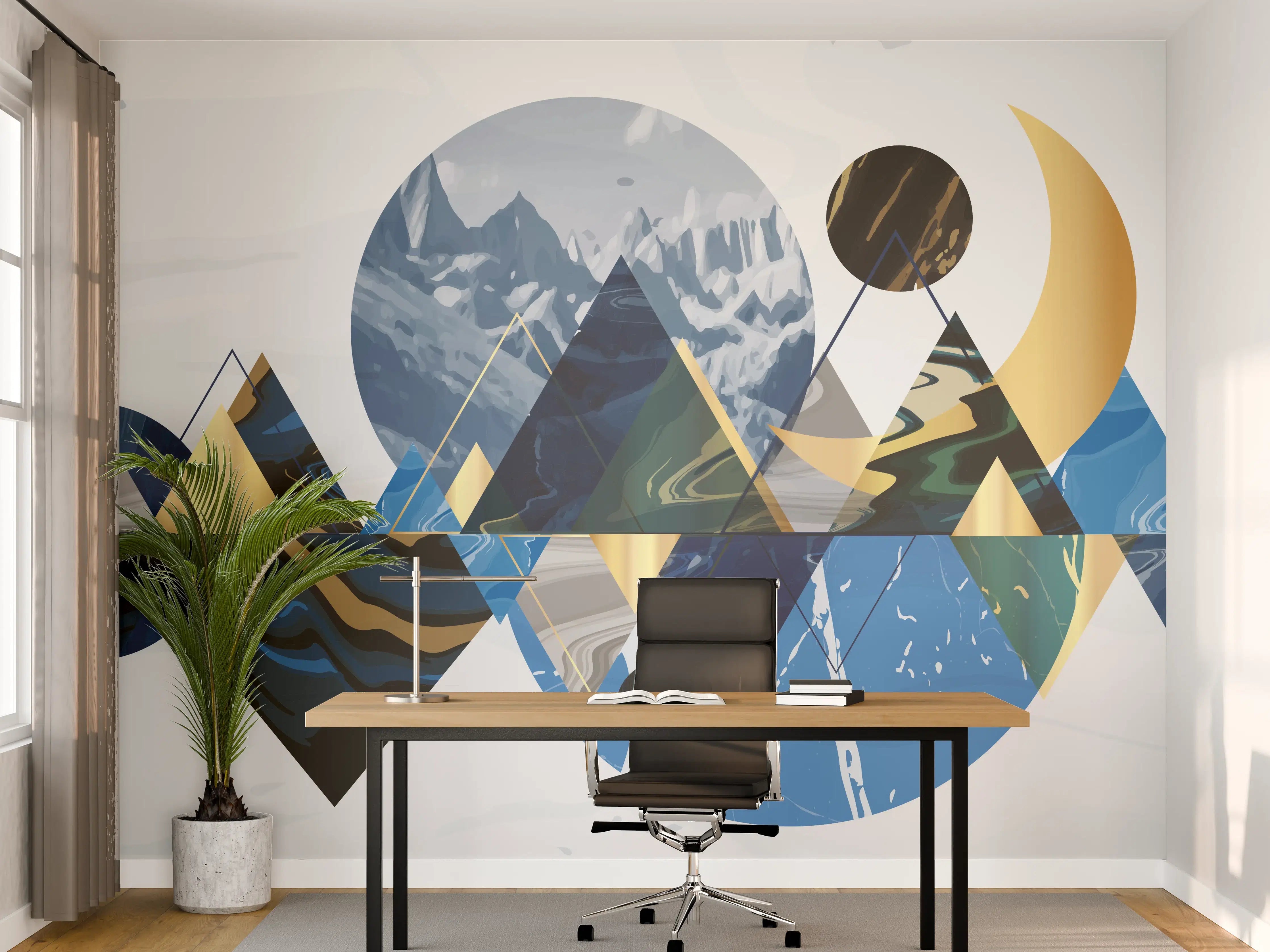 Büro Wandgestaltung - Geometrische Berglandschaft in Blau