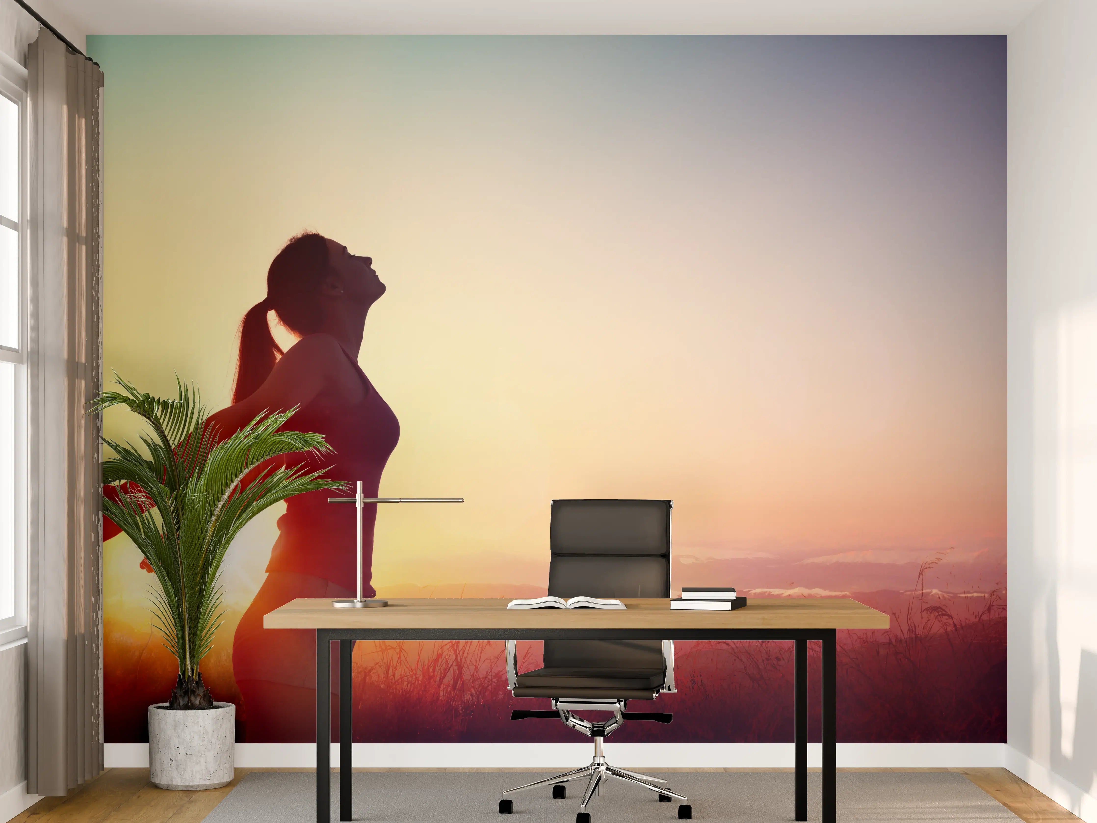 Büro Wandgestaltung - Glückliche Frau beim Sonnenuntergang