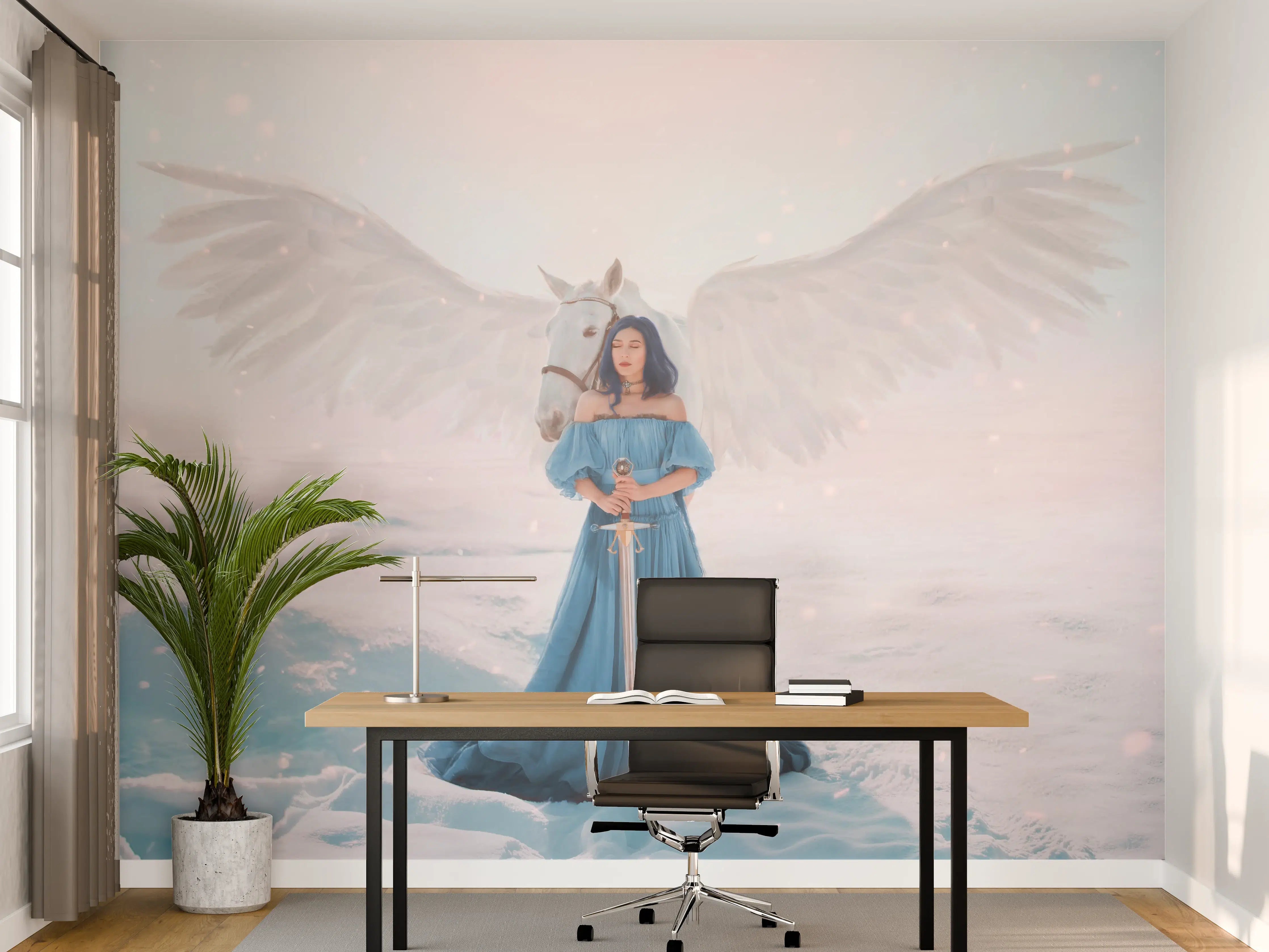 Büro Wandgestaltung - Göttin des Friedens & Gerechtigkeit mit weißem Pegasus