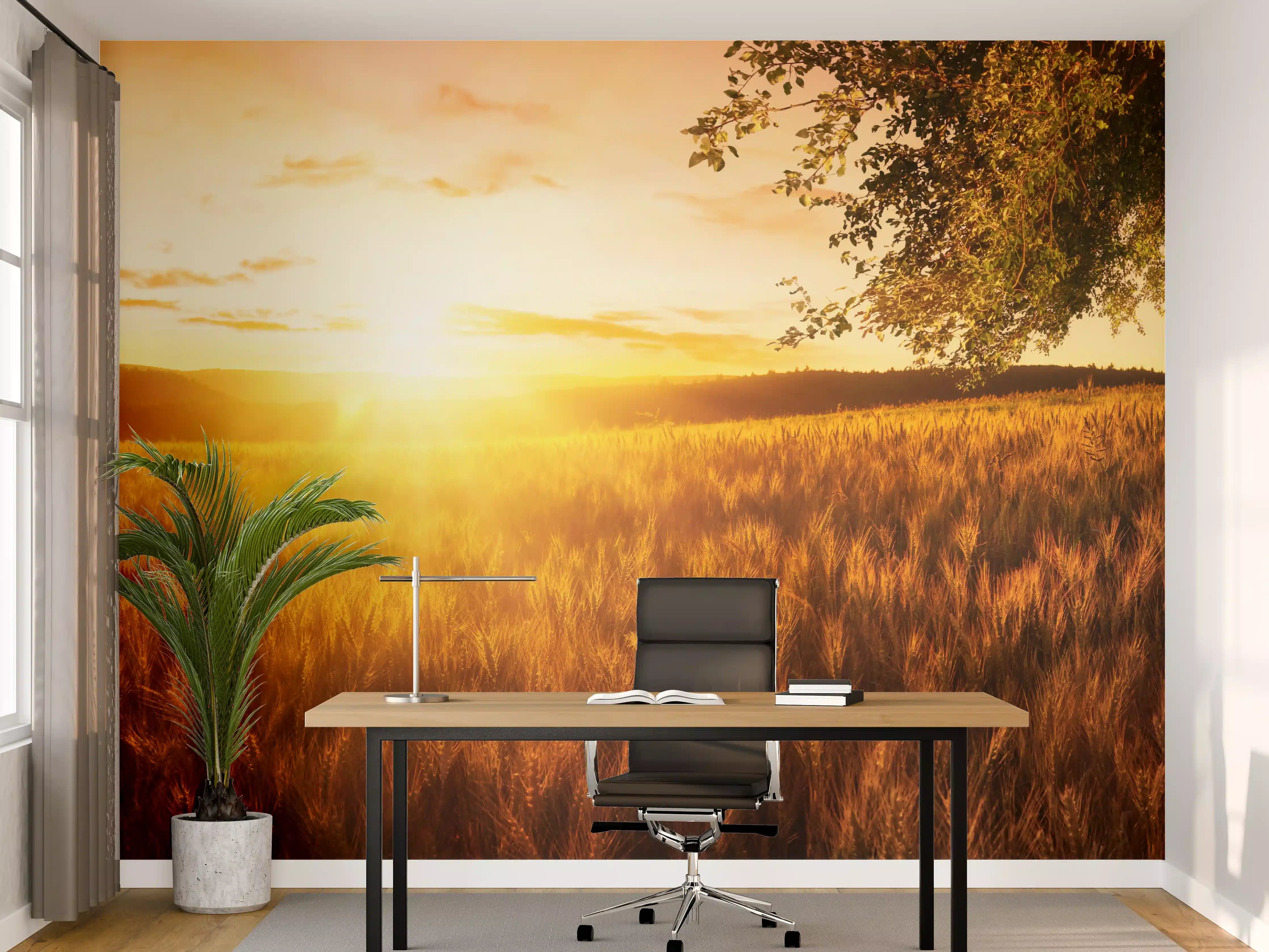 Büro Wandgestaltung - Golden Sunset über Feld mit Baum