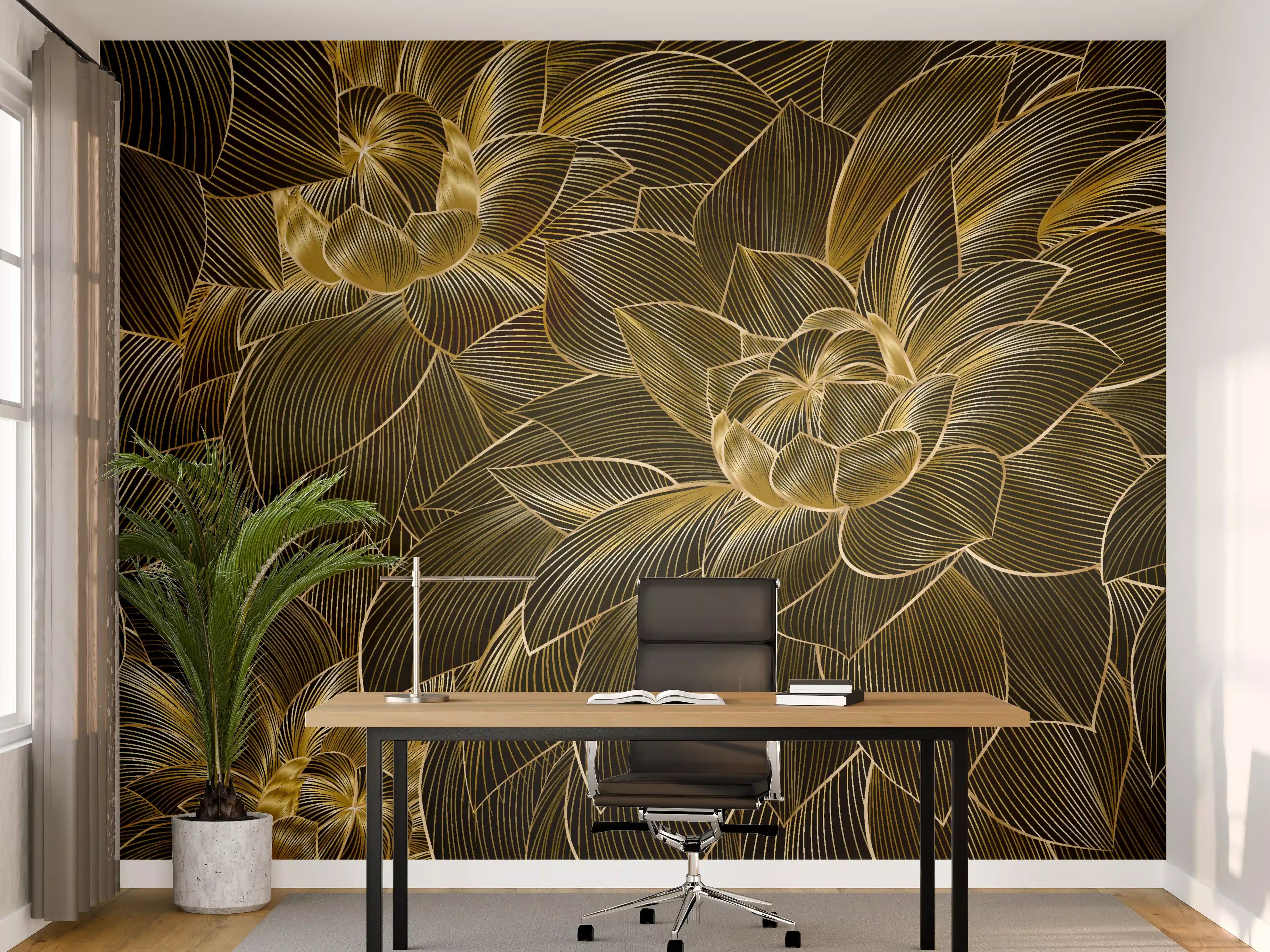 Büro Wandgestaltung - Goldene Blütenmuster Tapete