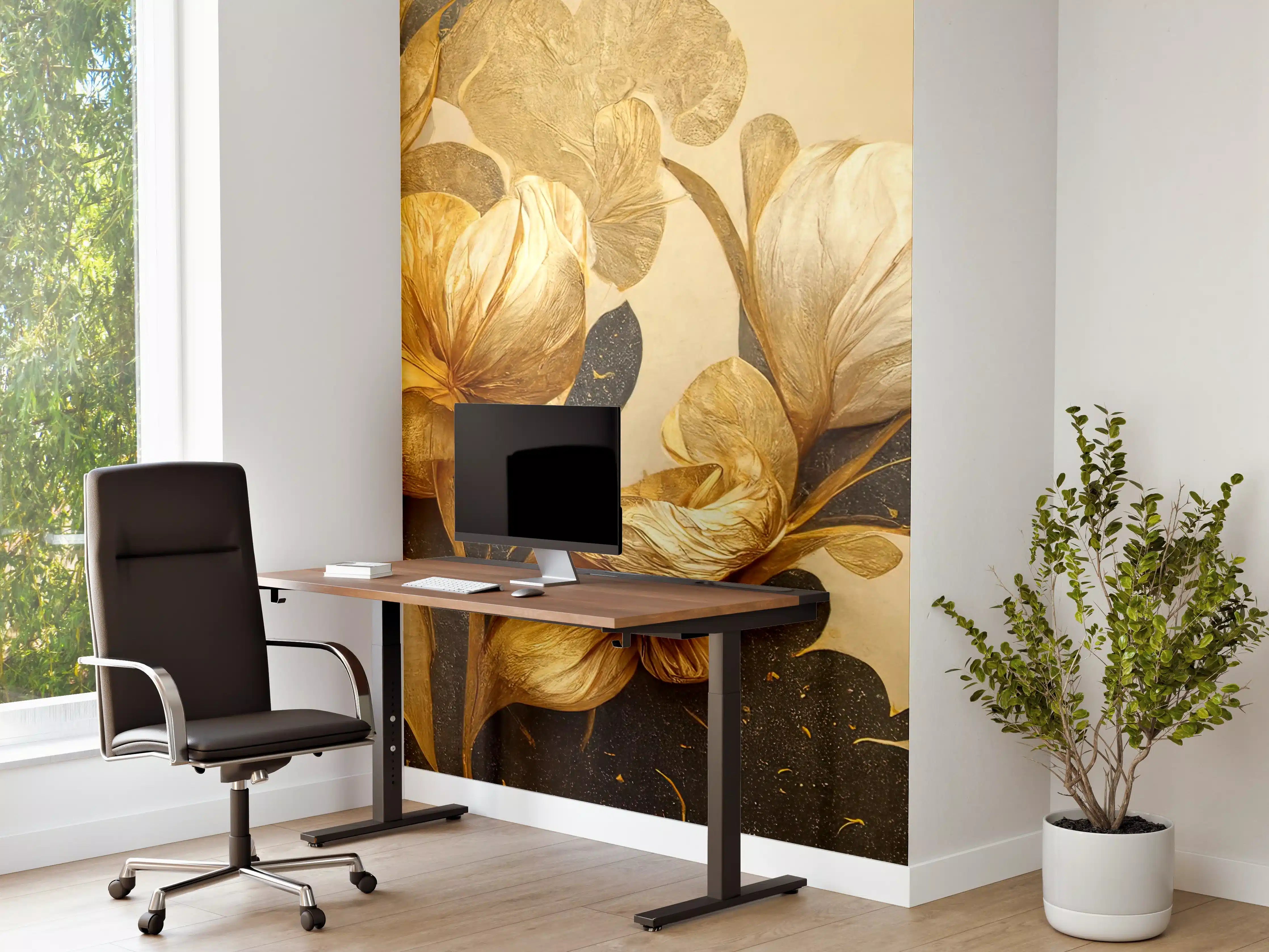 Büro Wandgestaltung - Goldene Blumen mit schwarzem Hintergrund