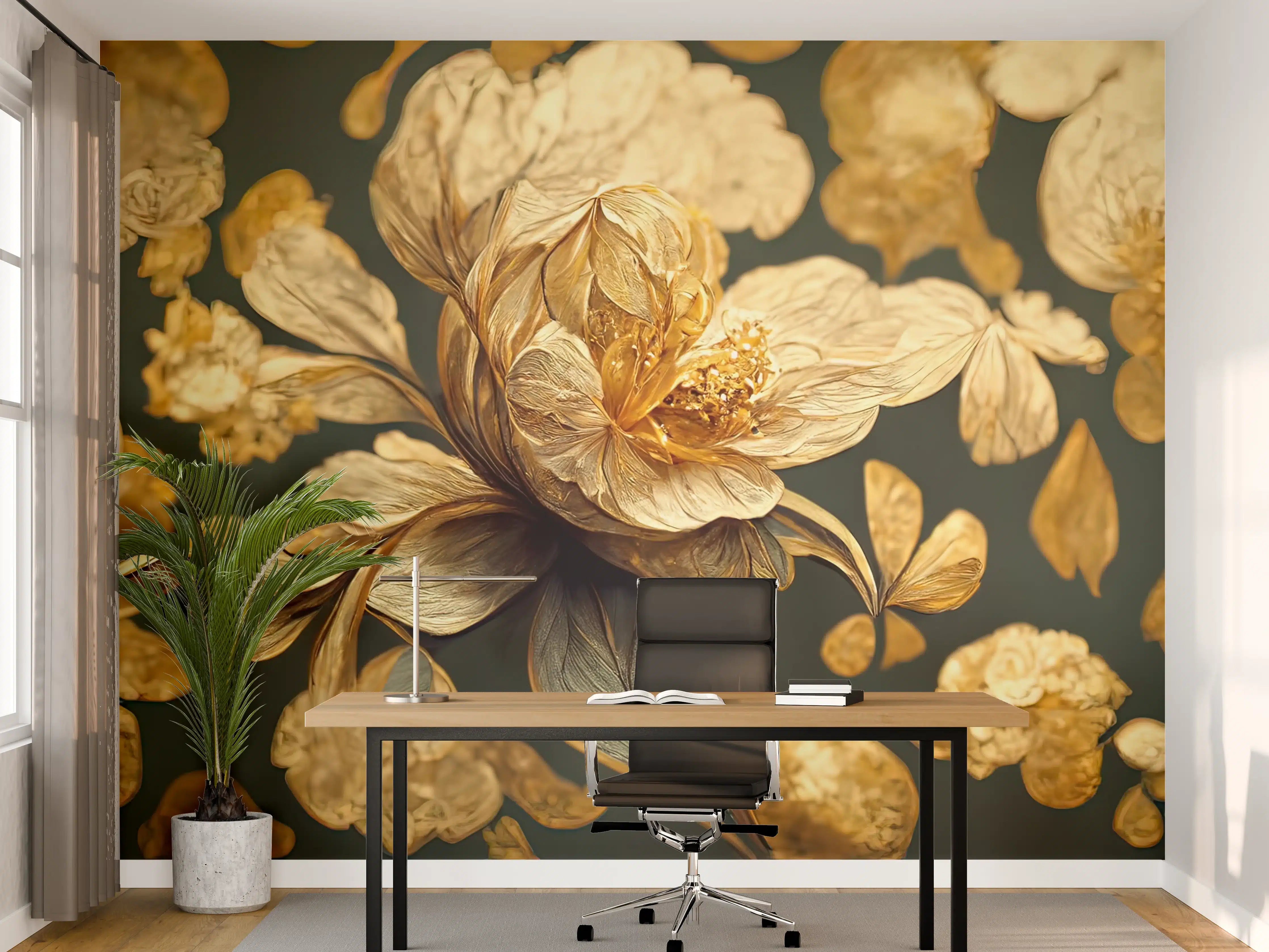 Büro Wandgestaltung - Goldene Blumenmuster vor dunklem Hintergrund