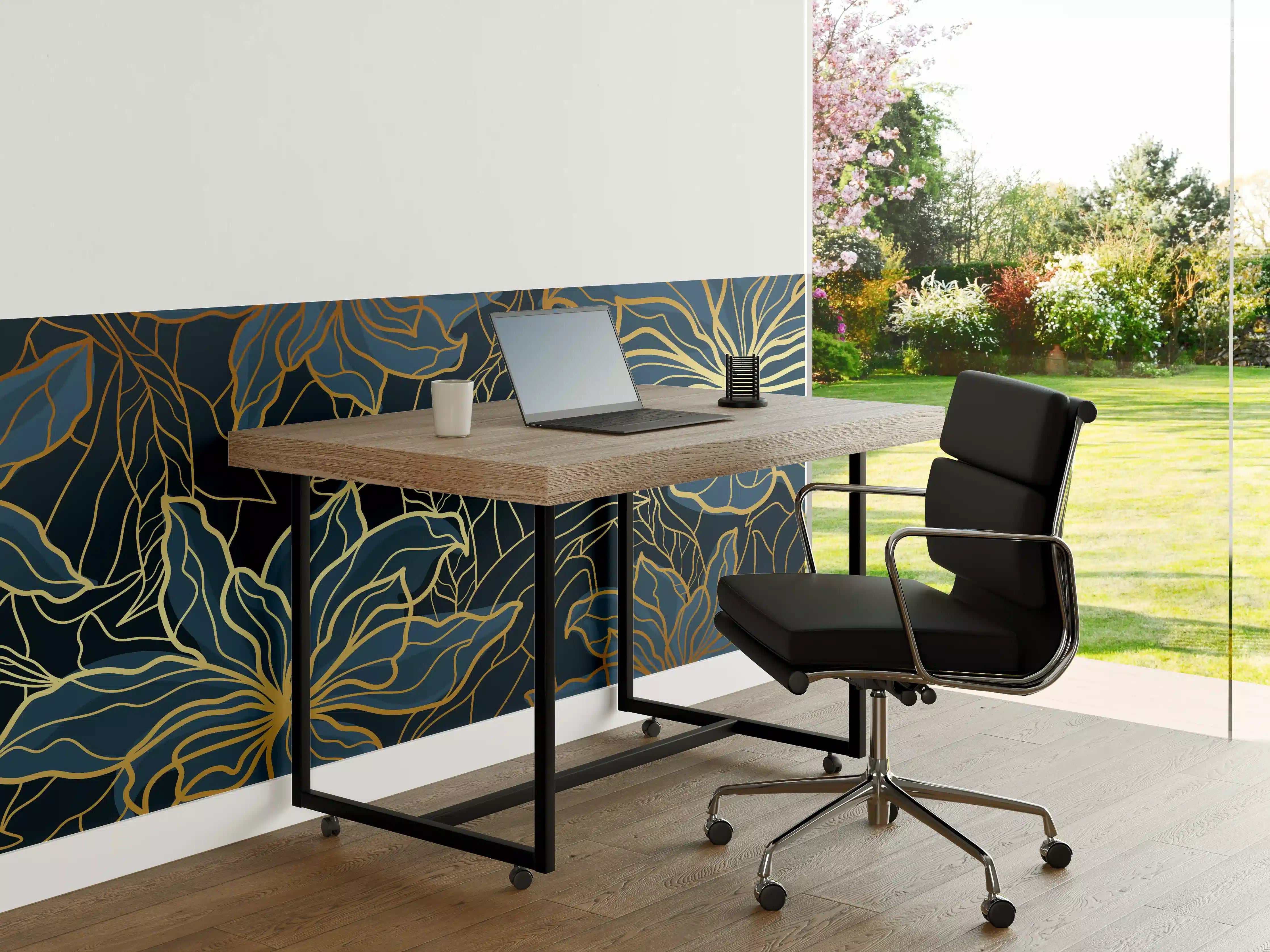 Büro Wandgestaltung - Goldene Blumenranken auf Dunkelblau