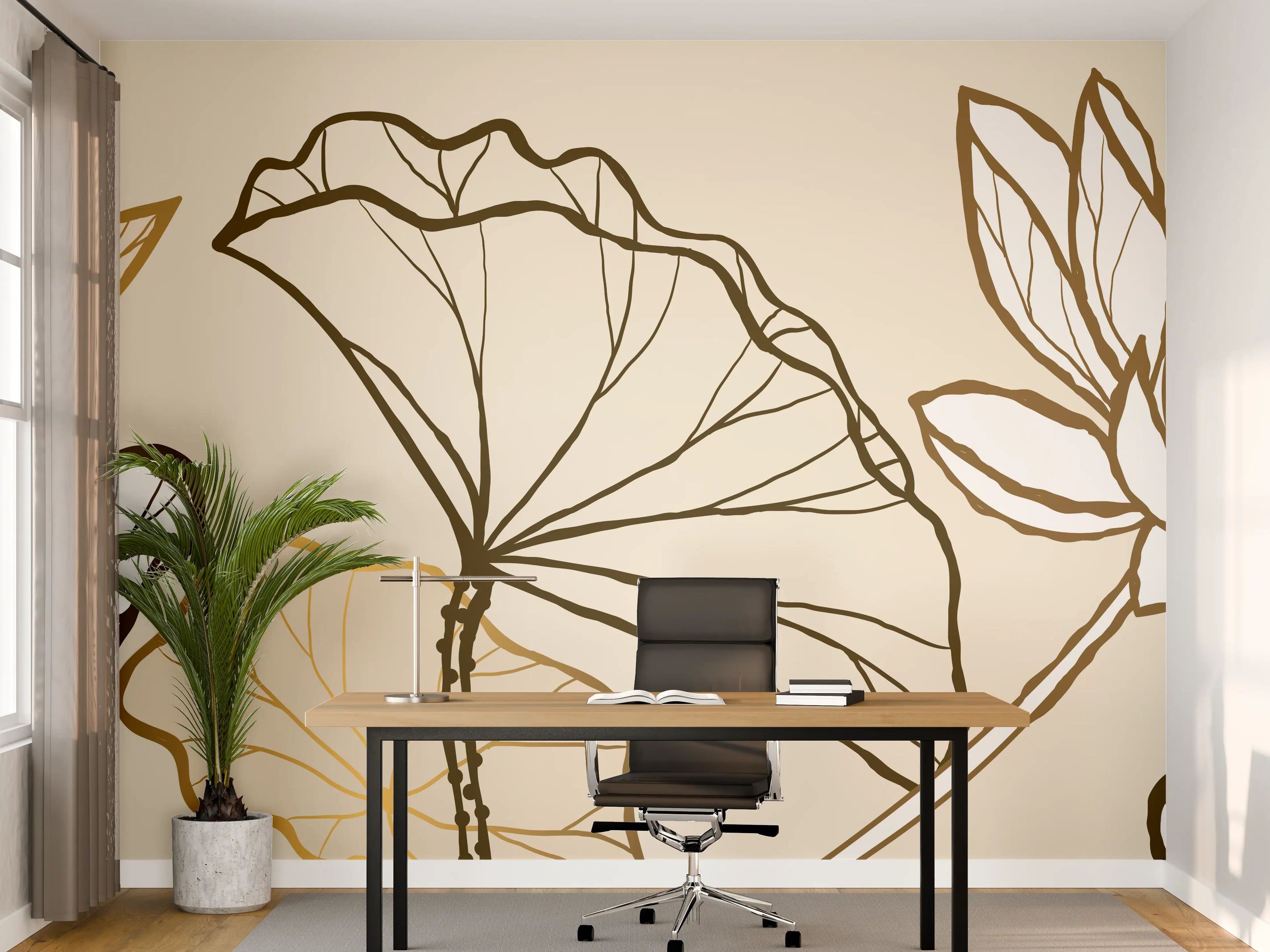 Büro Wandgestaltung - Goldene Botanik Lineart Illustration