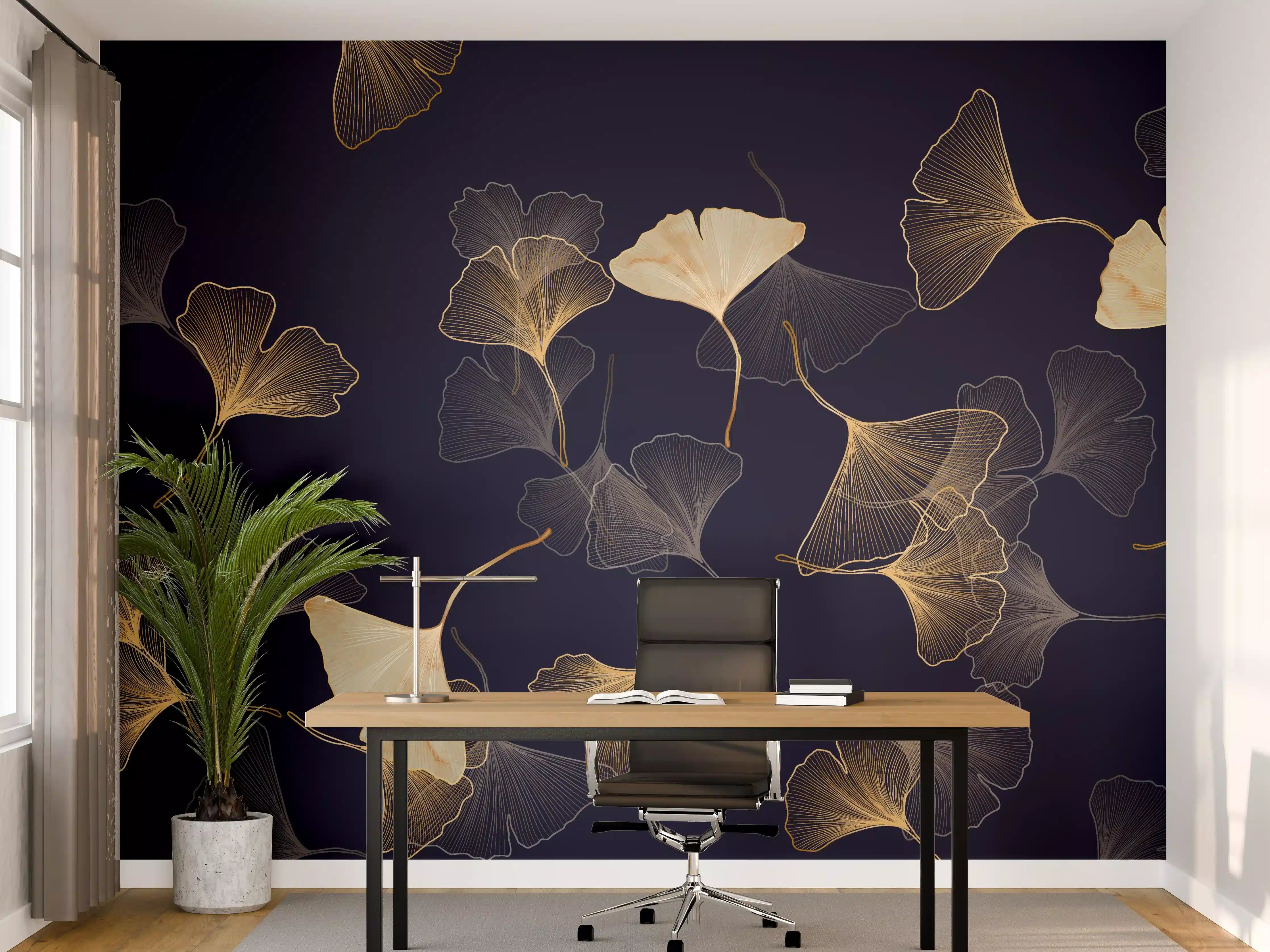Büro Wandgestaltung - Goldene Ginkgo Blatt Design Tapete